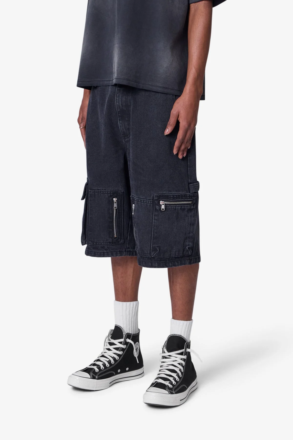 Baggy Zipper Denim Shorts - Black - Image 3