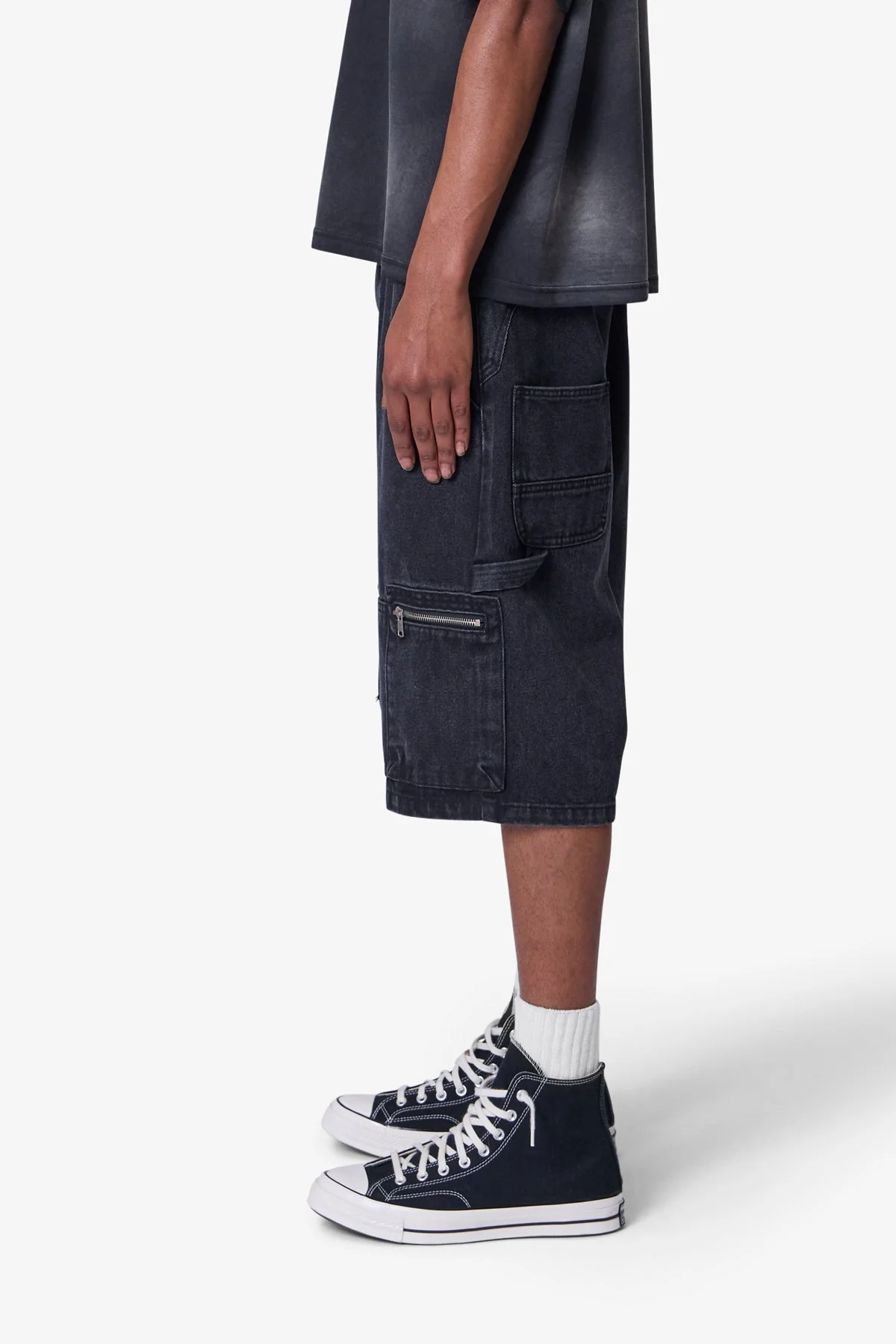 Baggy Zipper Denim Shorts - Black - Image 4