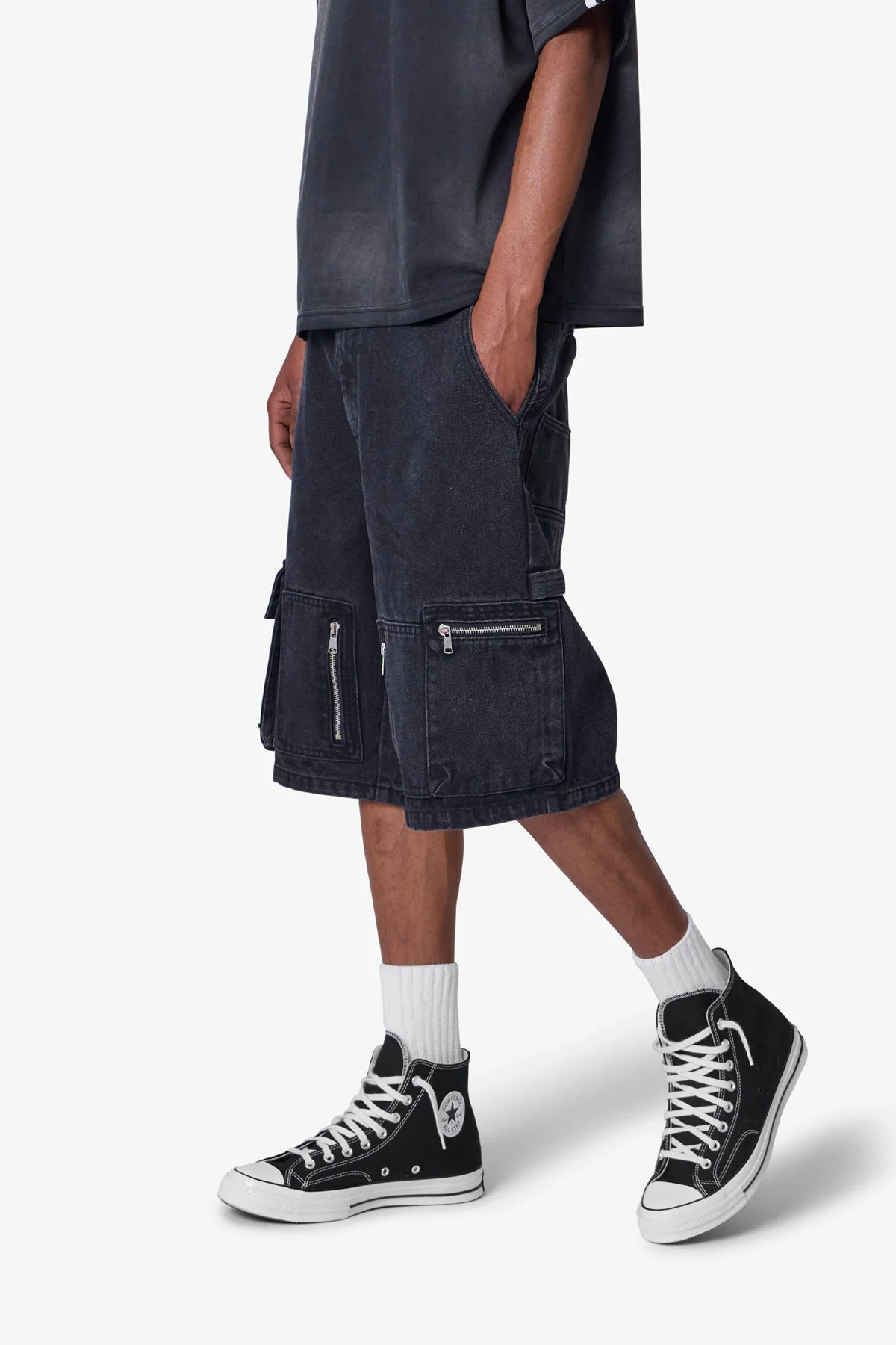 Baggy Zipper Denim Shorts - Black - Image 6