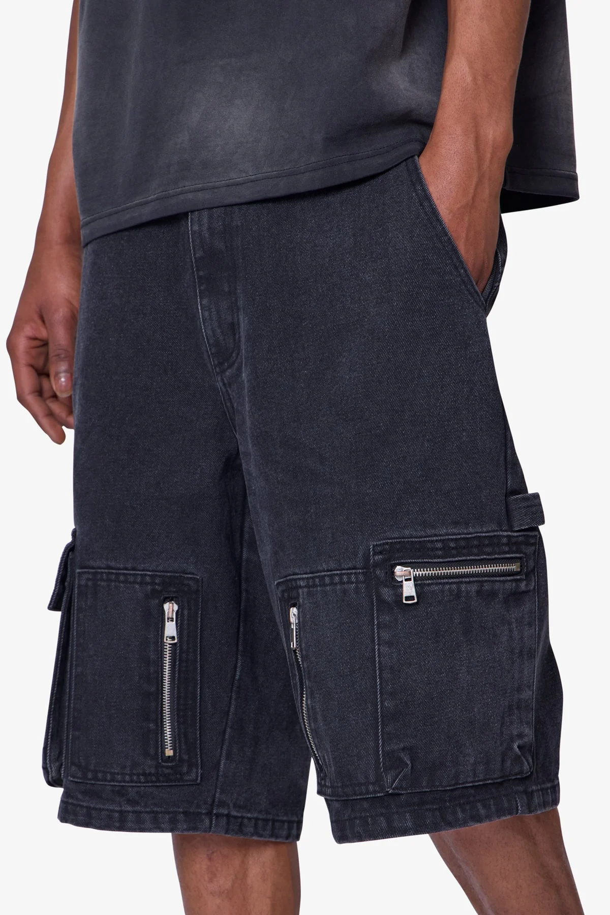 Baggy Zipper Denim Shorts - Black - Image 7