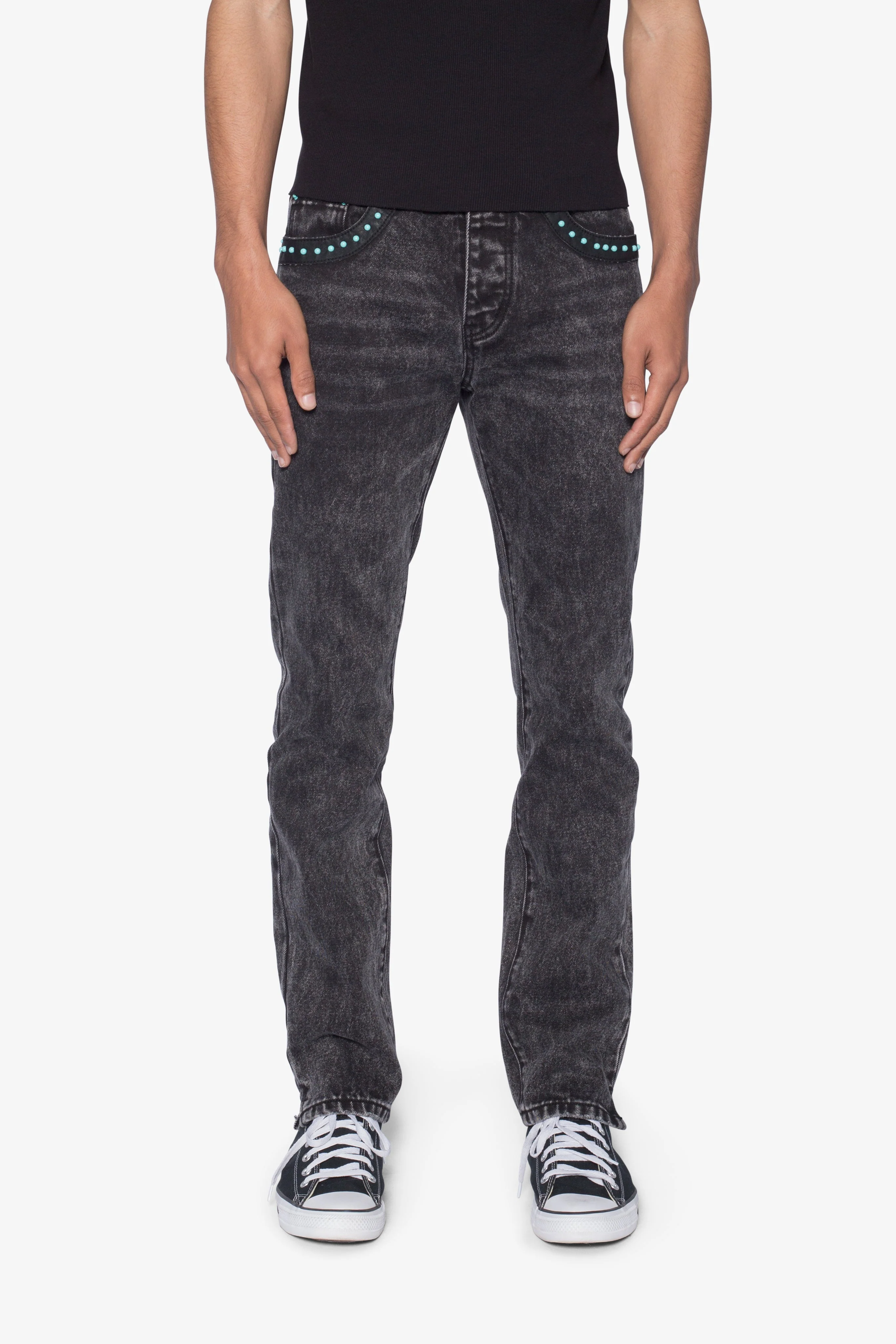 D701 Studded Turquoise Denim - Black - Image 2