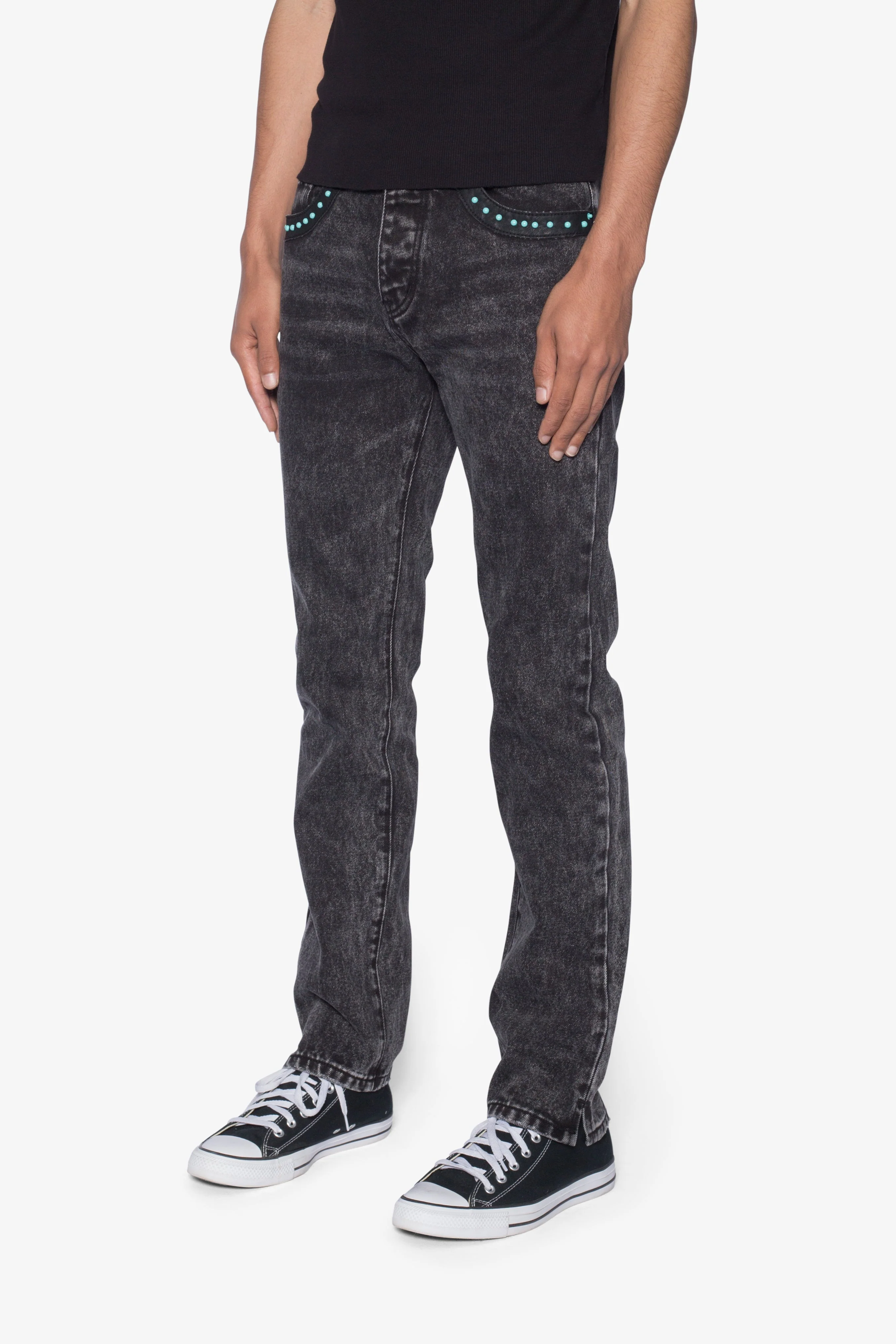 D701 Studded Turquoise Denim - Black - Image 3
