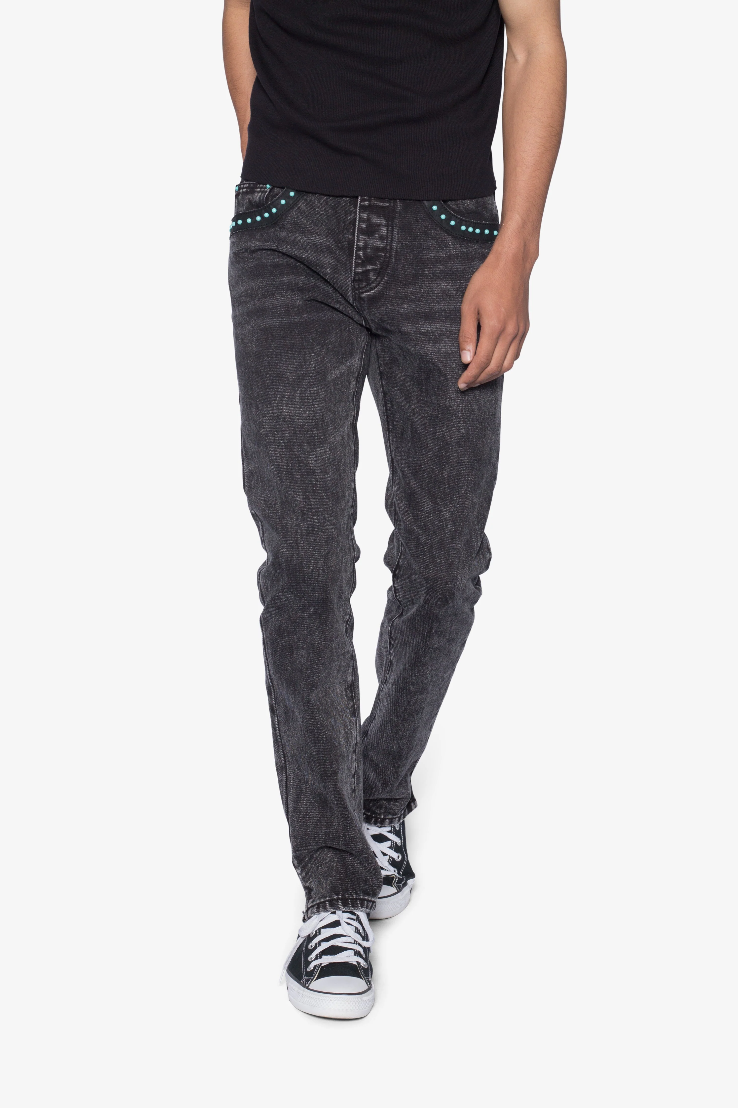 D701 Studded Turquoise Denim - Black - Image 6