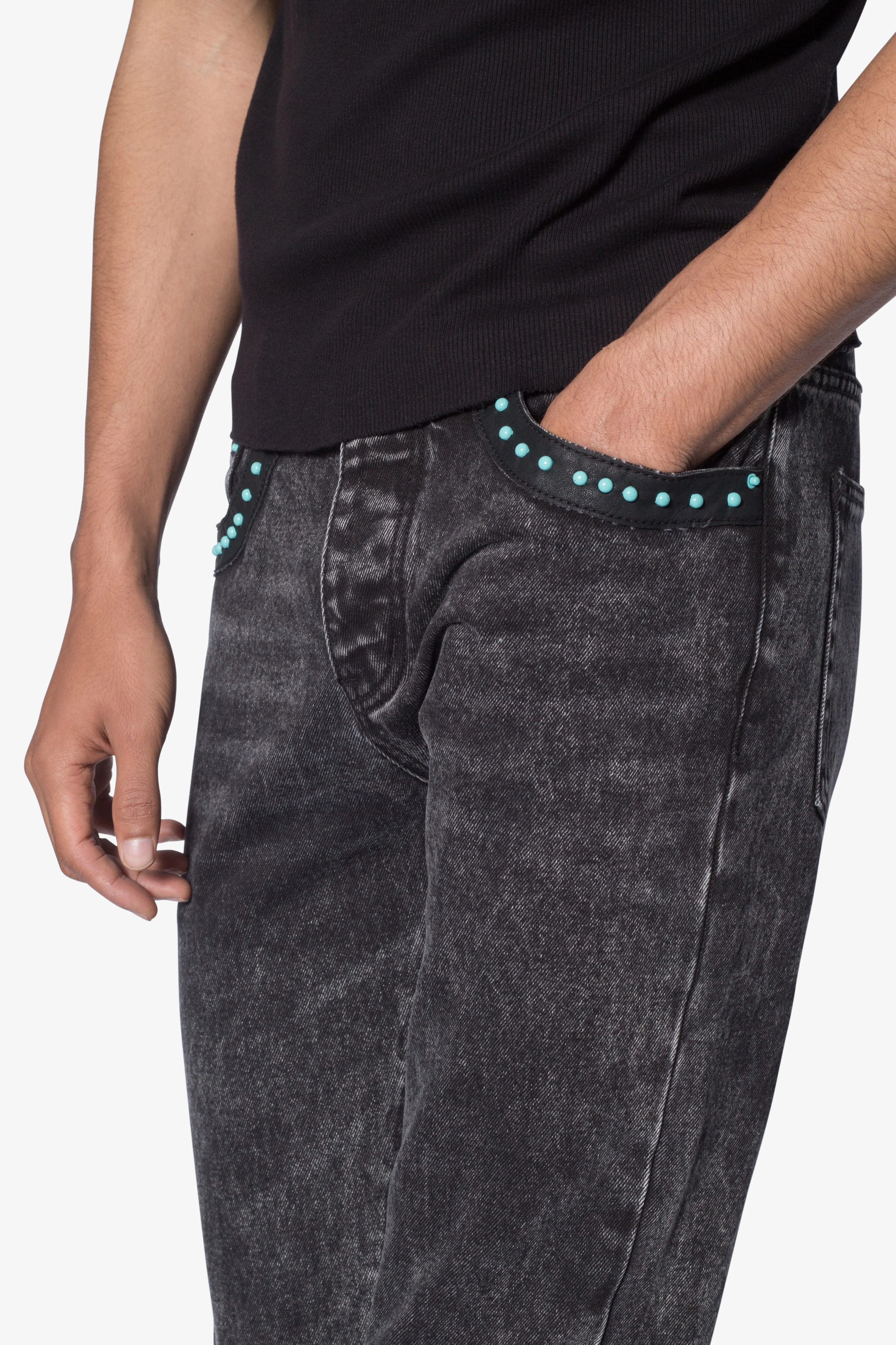 D701 Studded Turquoise Denim - Black - Image 7