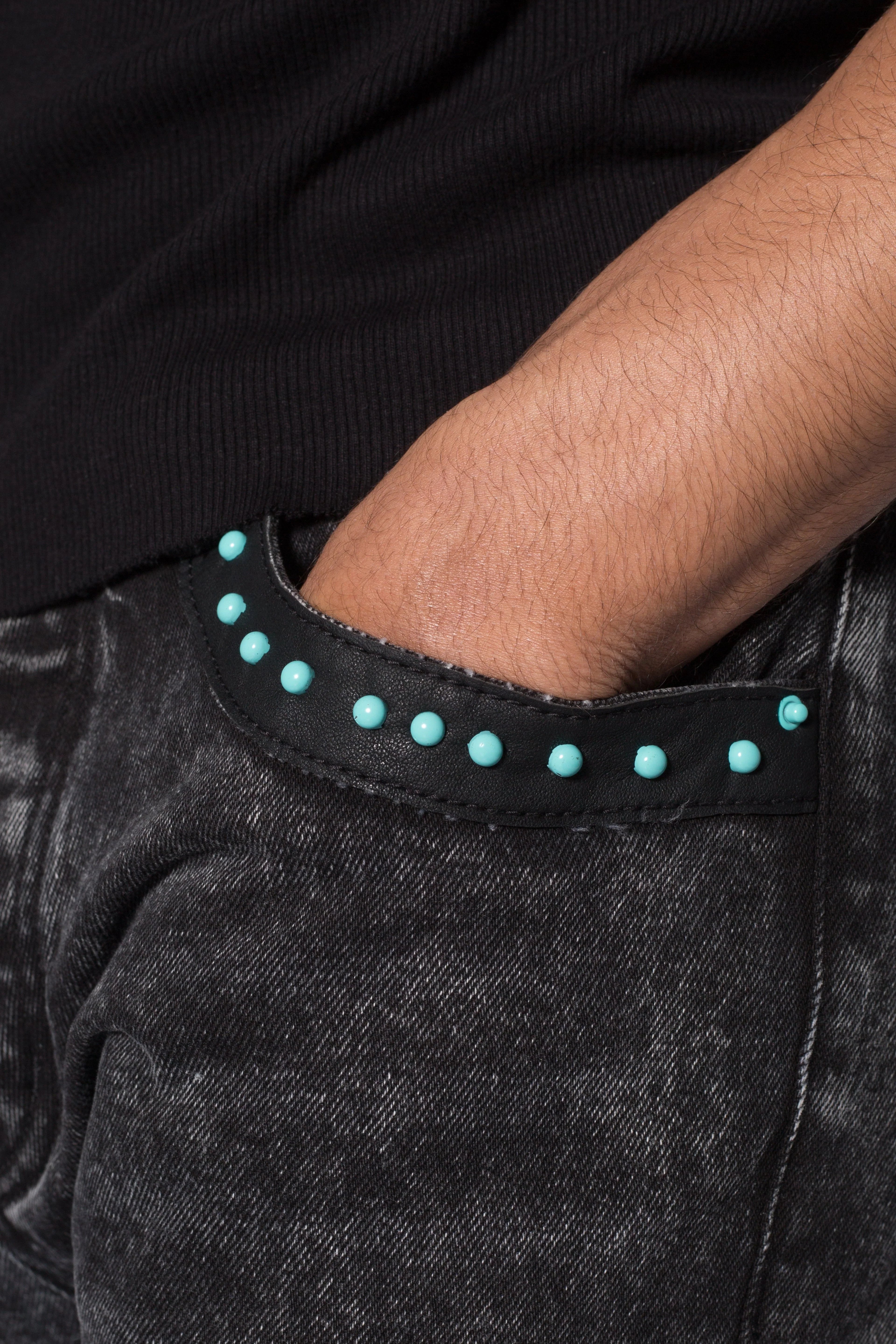 D701 Studded Turquoise Denim - Black - Image 8