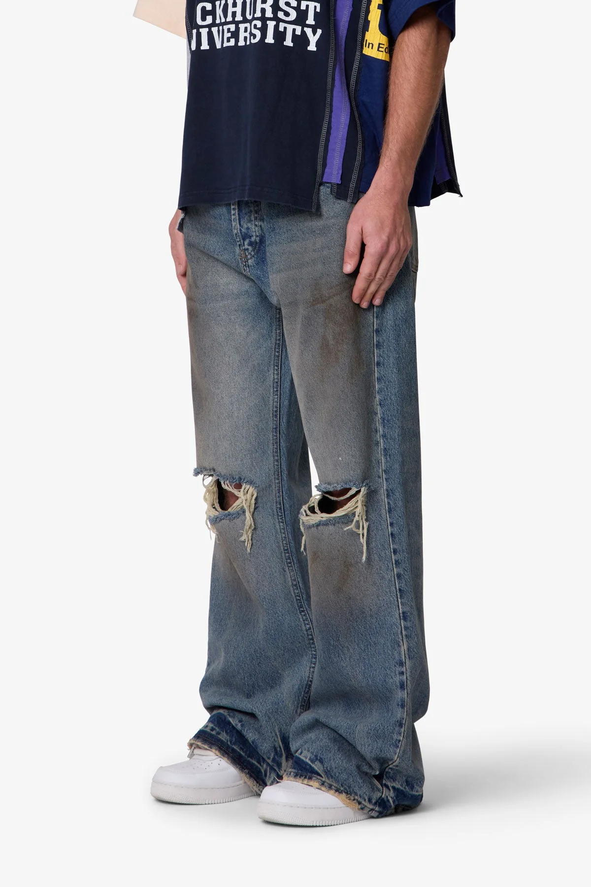 Distressed Kick Flare Denim - Washed Blue - Image 3
