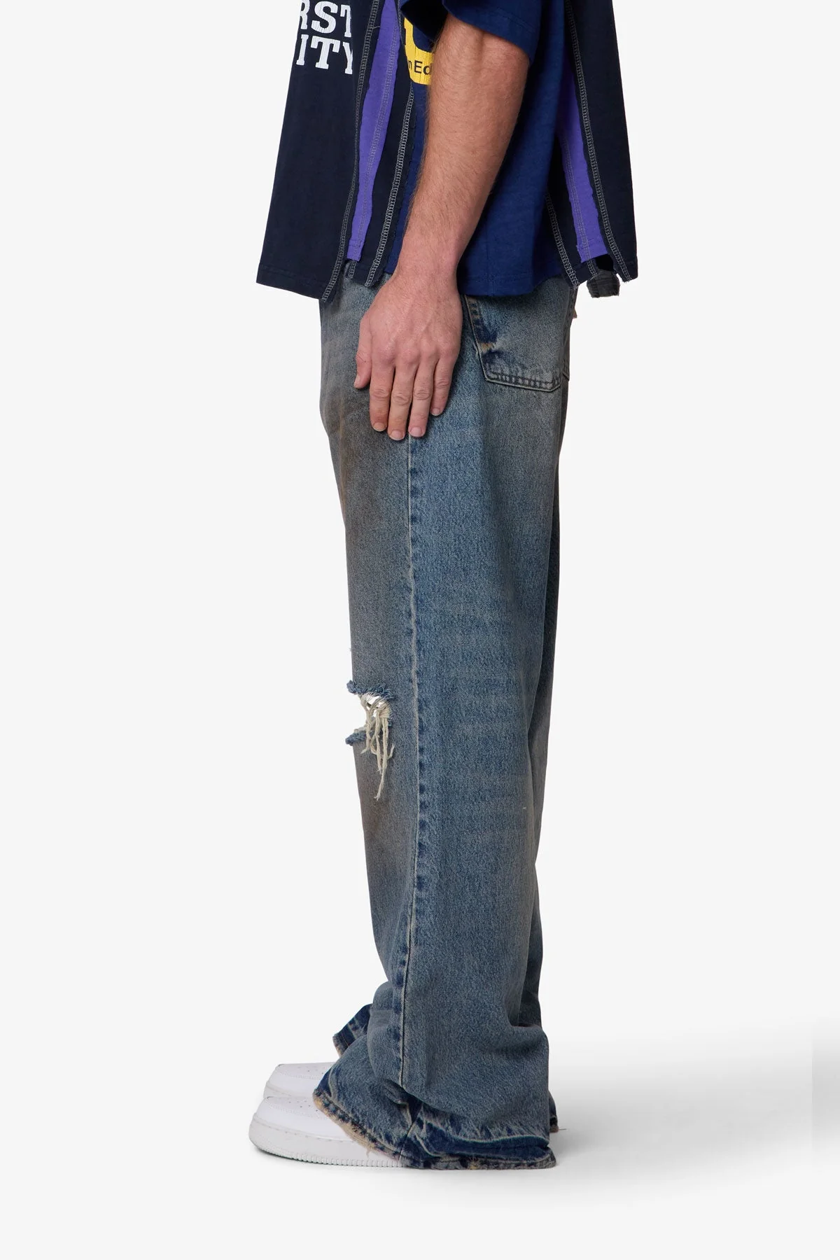 Distressed Kick Flare Denim - Washed Blue - Image 4