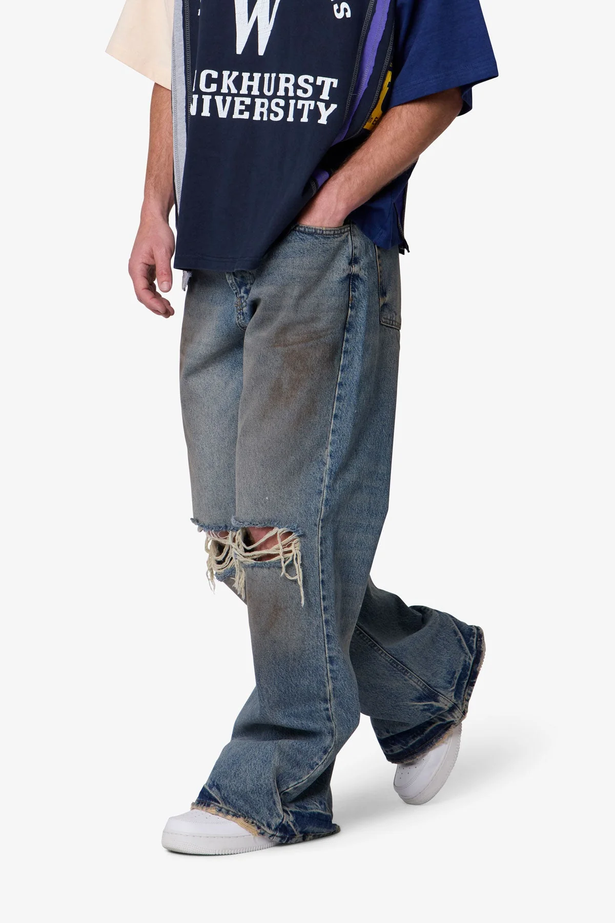 Distressed Kick Flare Denim - Washed Blue - Image 6