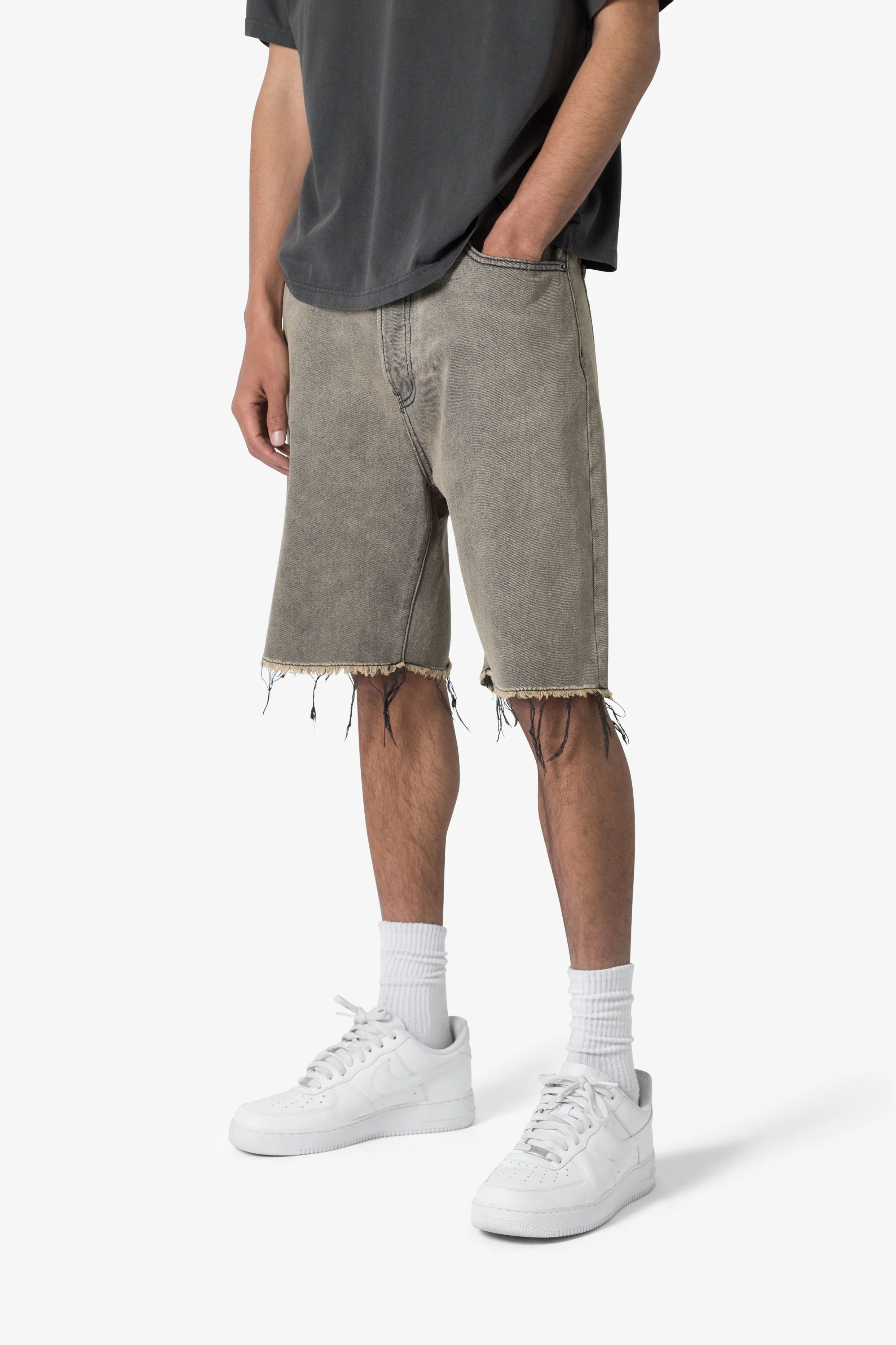Distressed Mineral Denim Shorts - Brown - Image 6