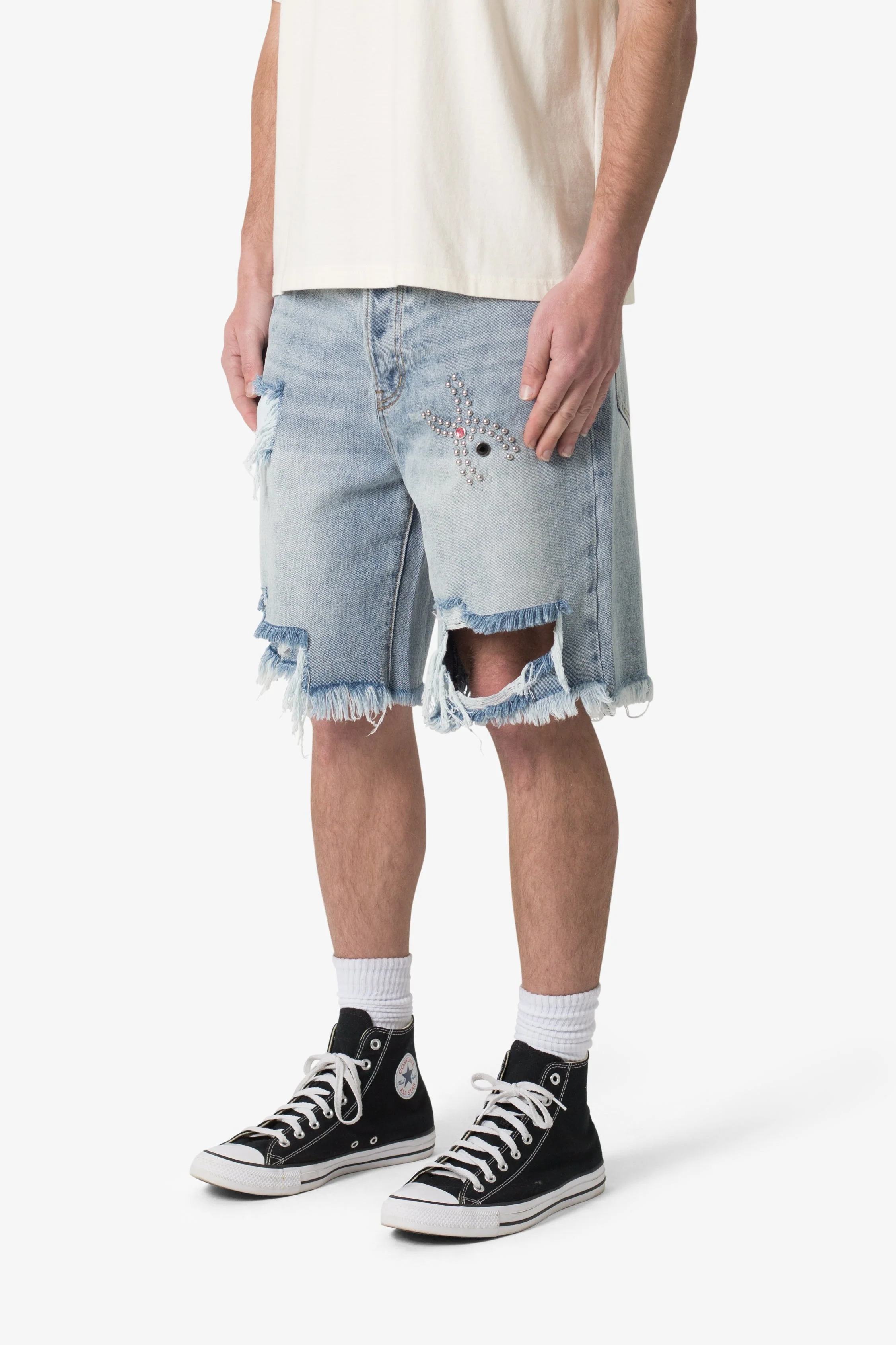 Distressed Spider Denim Shorts - Light Blue - Image 3
