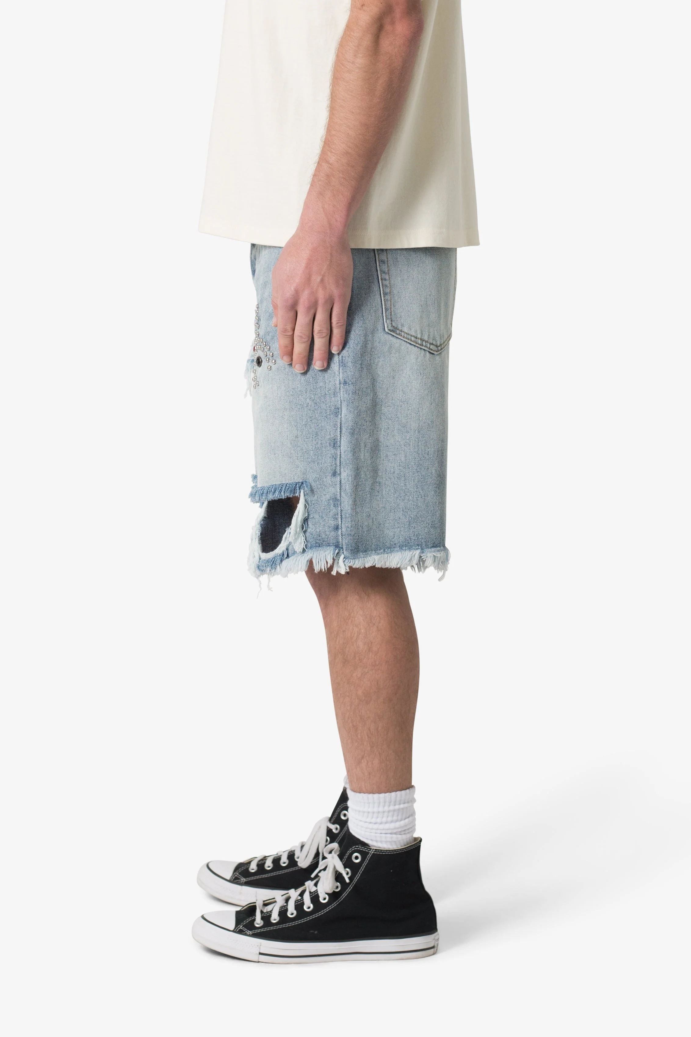 Distressed Spider Denim Shorts - Light Blue - Image 4