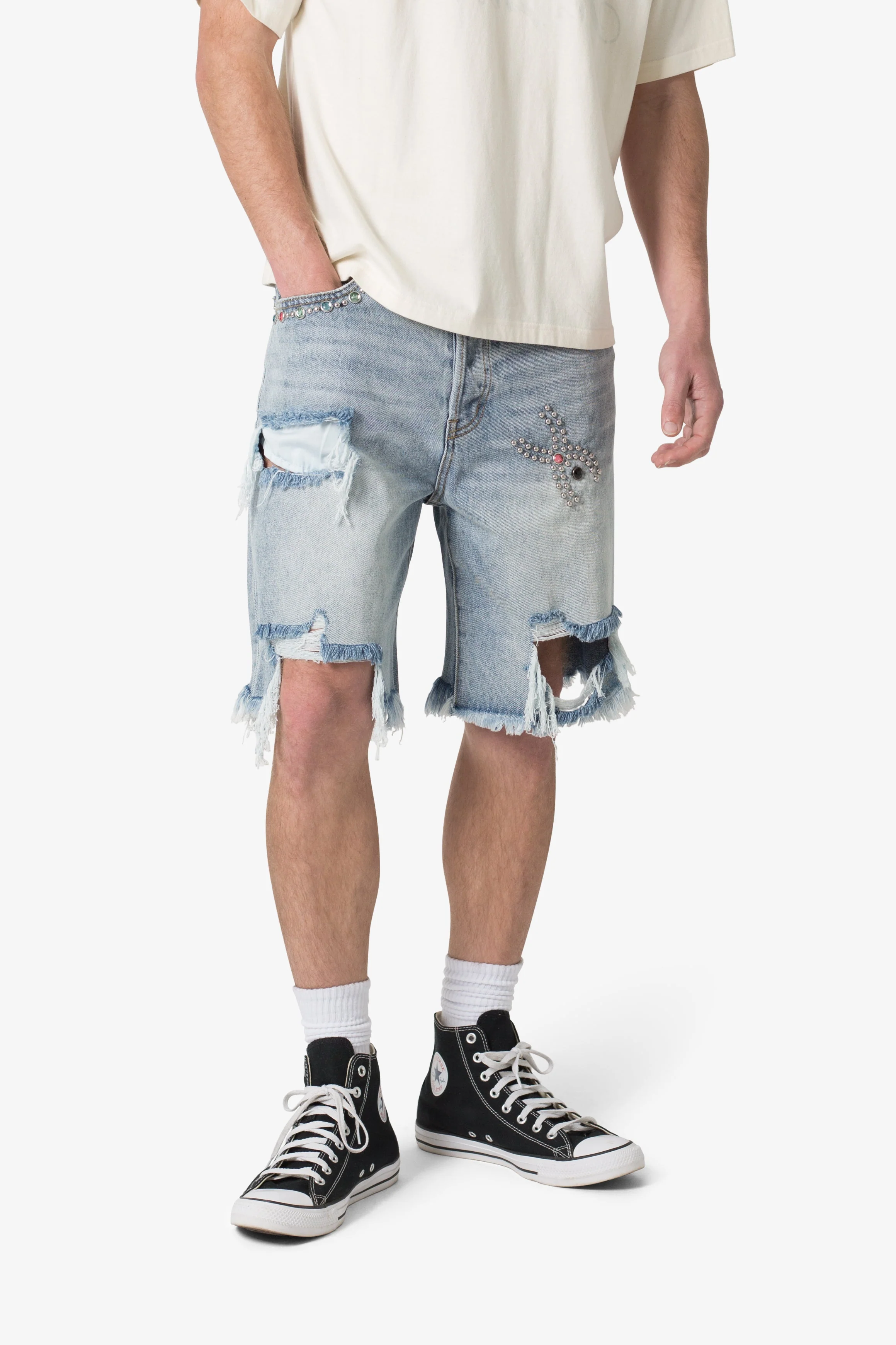 Distressed Spider Denim Shorts - Light Blue - Image 6