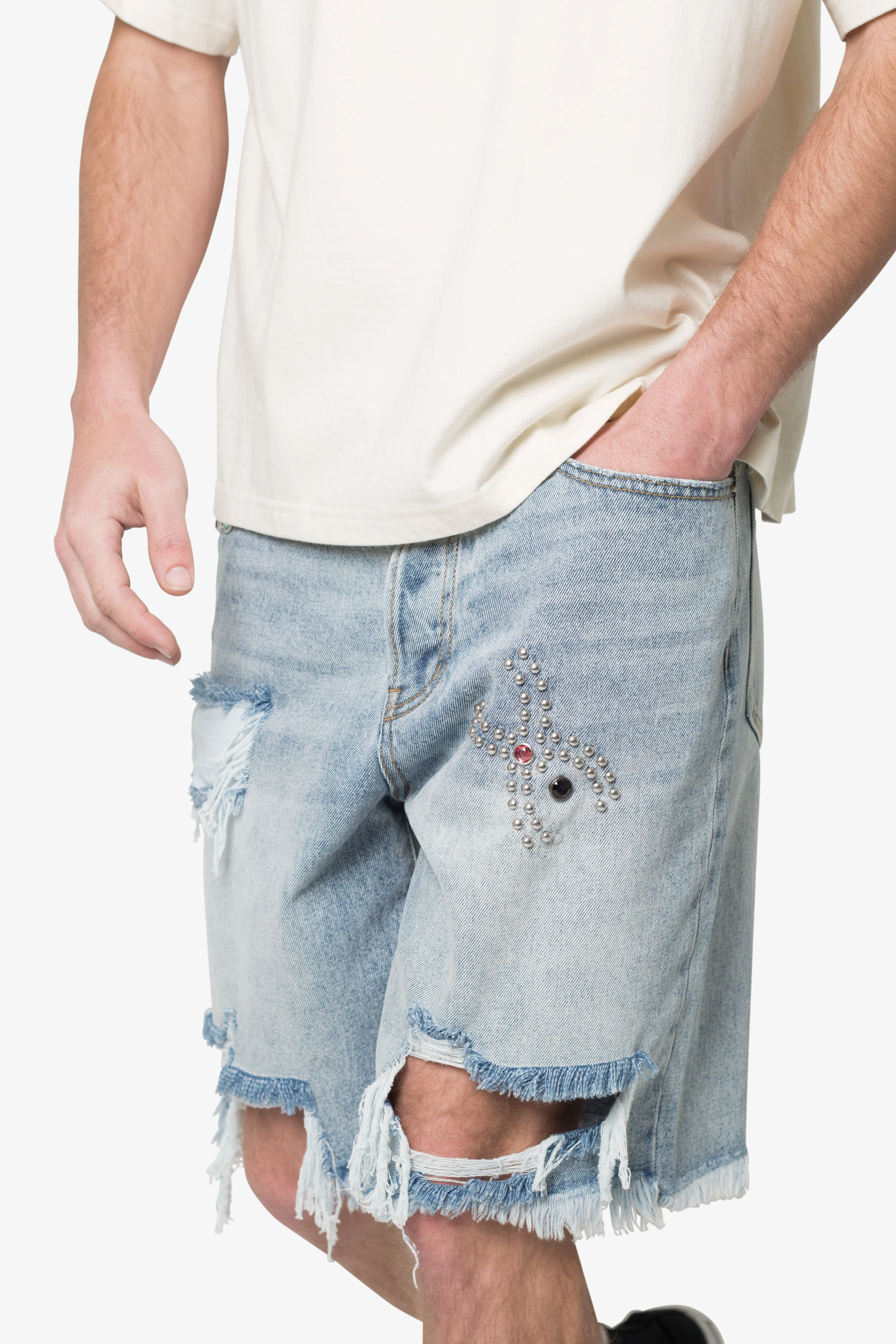 Distressed Spider Denim Shorts - Light Blue - Image 7