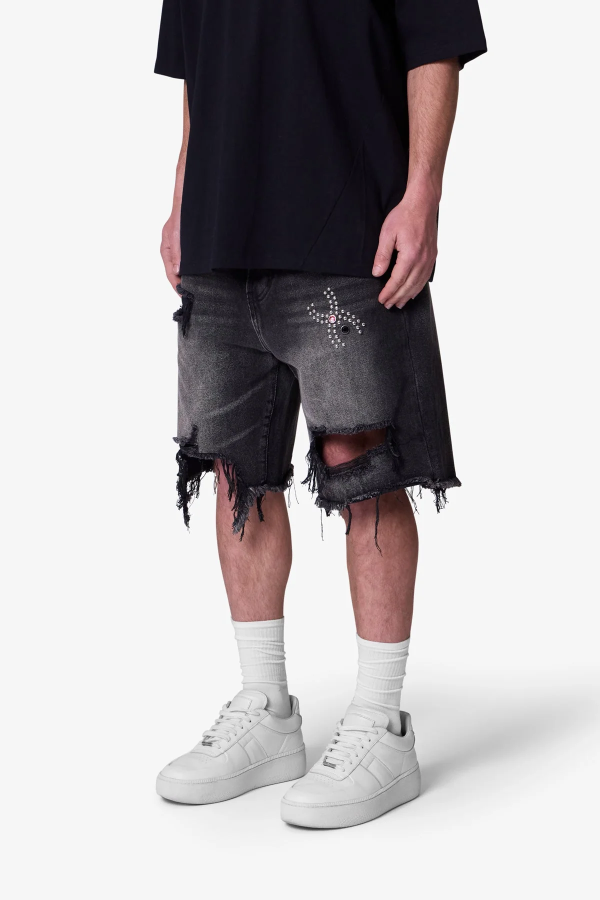 Distressed Spider Denim Shorts - Washed Black - Image 3