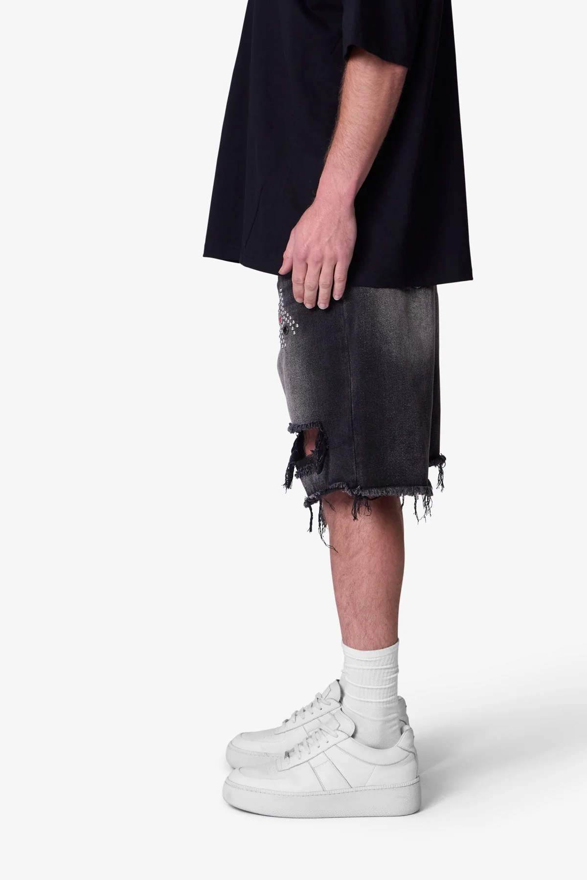 Distressed Spider Denim Shorts - Washed Black - Image 4