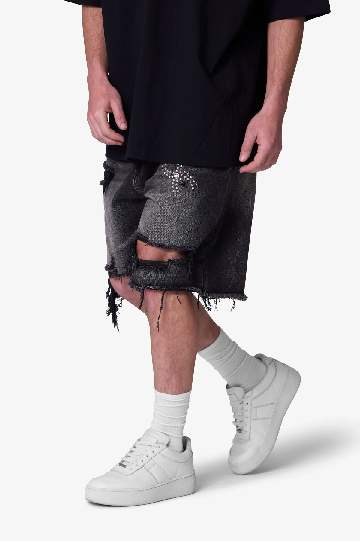 Distressed Spider Denim Shorts - Washed Black - Image 6