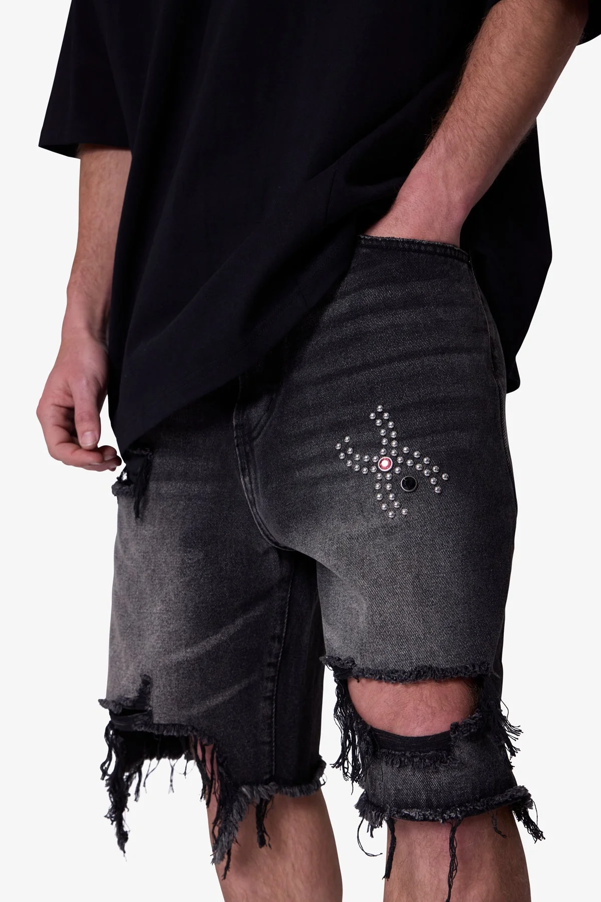 Distressed Spider Denim Shorts - Washed Black - Image 7