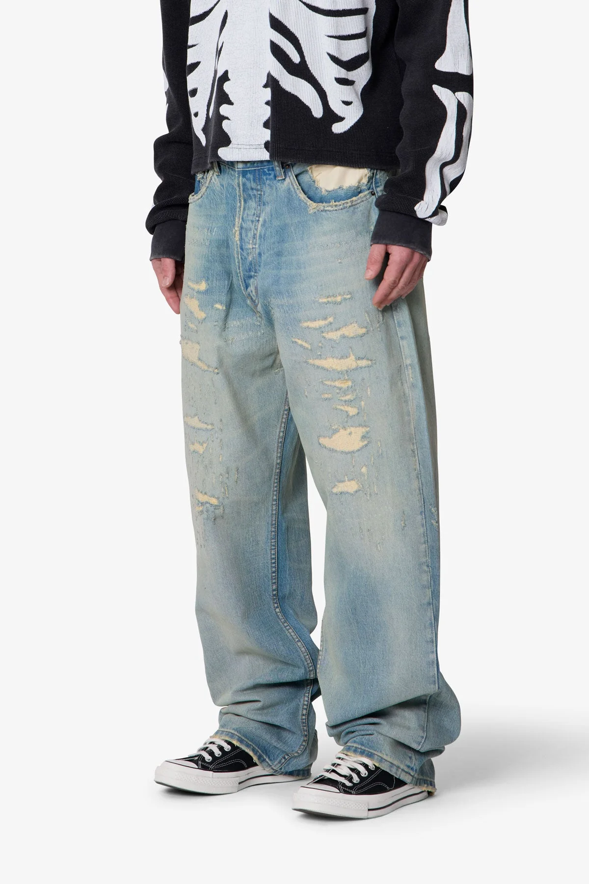 Distressed Ultra Baggy Denim - Blue - Image 3