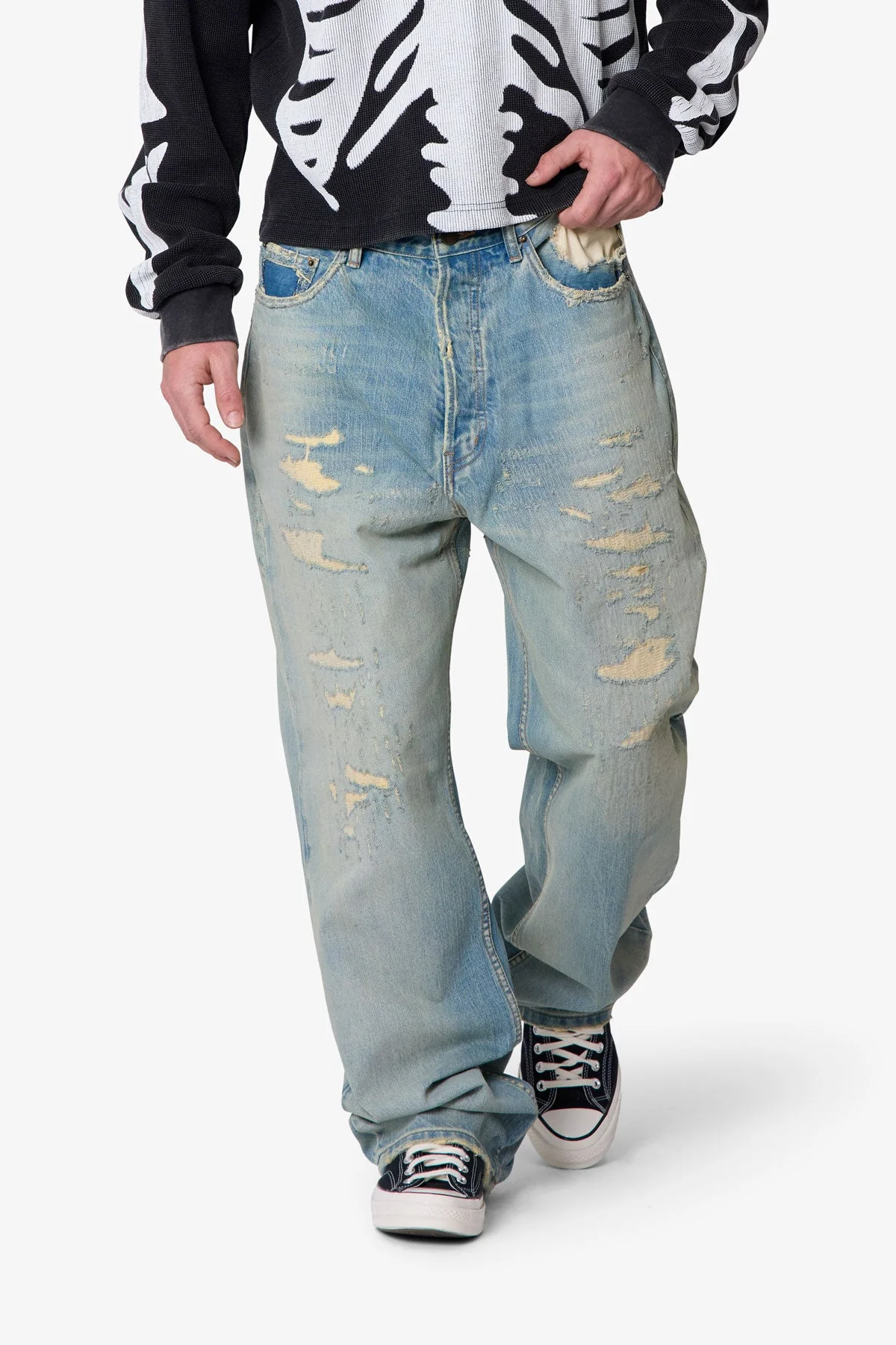 Distressed Ultra Baggy Denim - Blue - Image 6