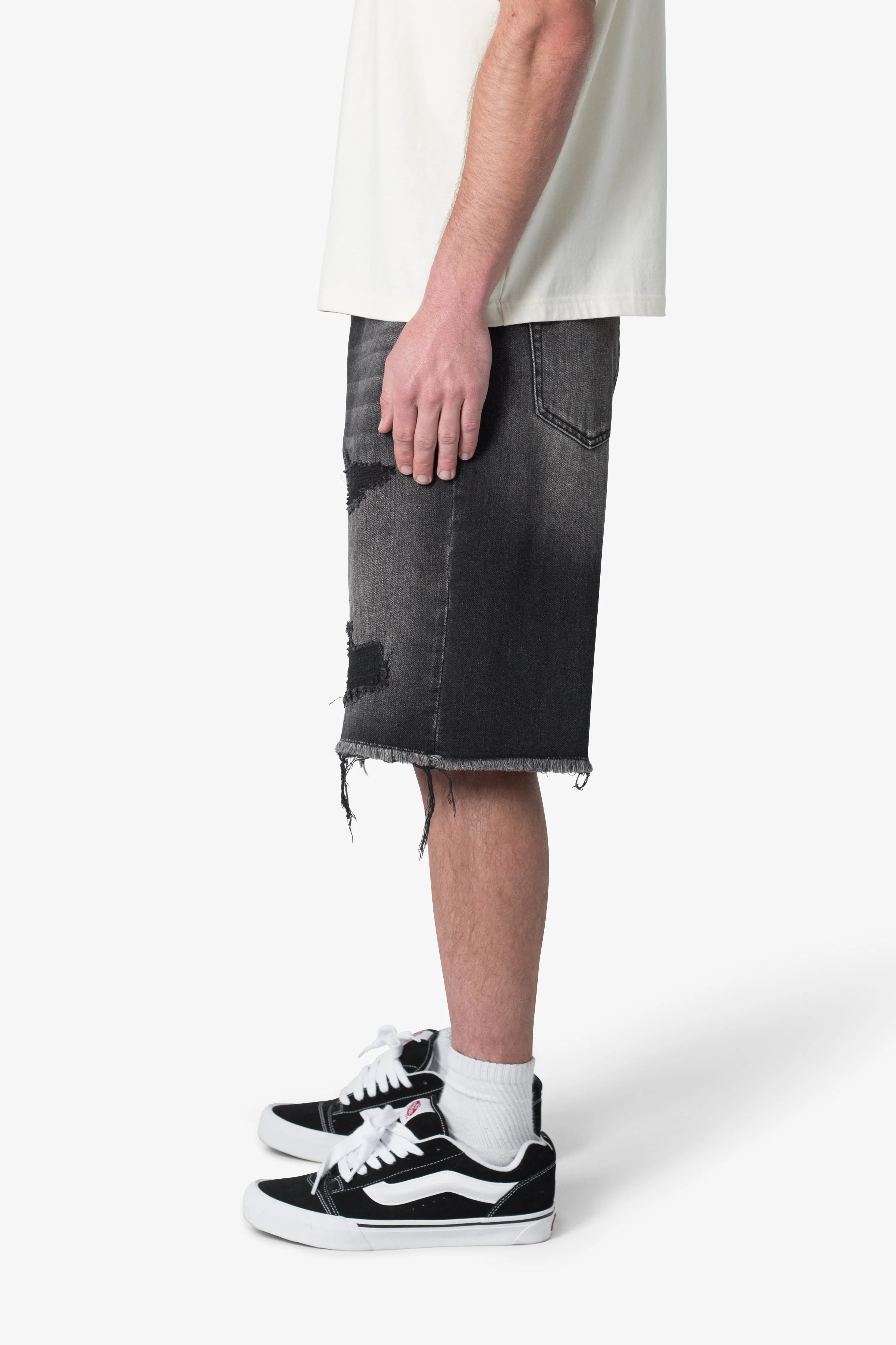 Baggy Rip Denim Shorts - Washed Black - Image 4