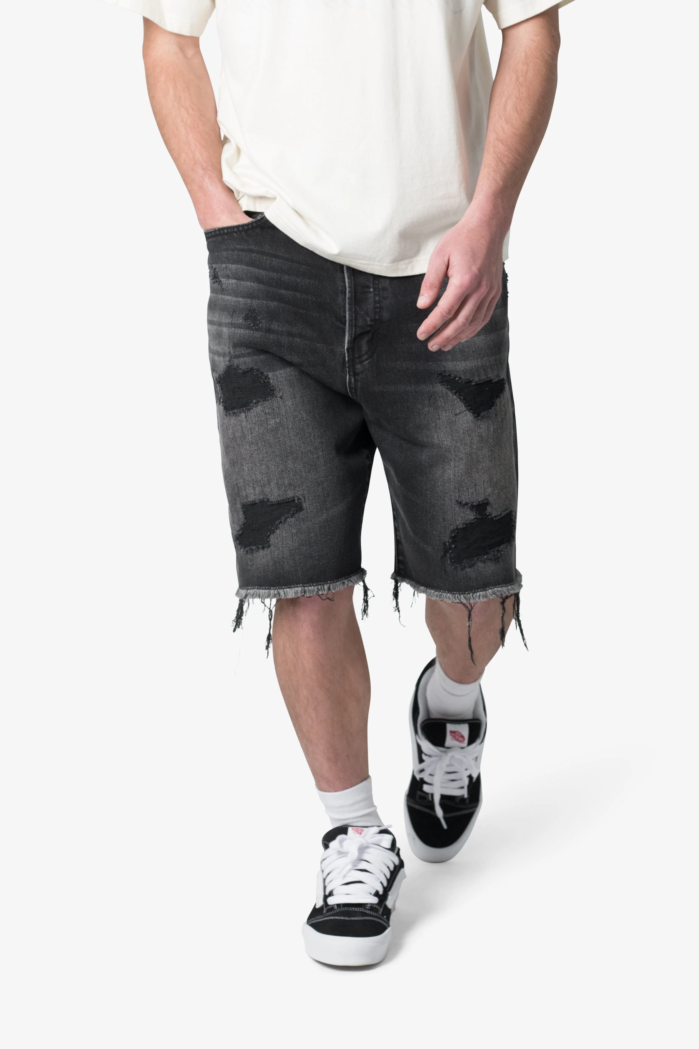 Baggy Rip Denim Shorts - Washed Black - Image 6