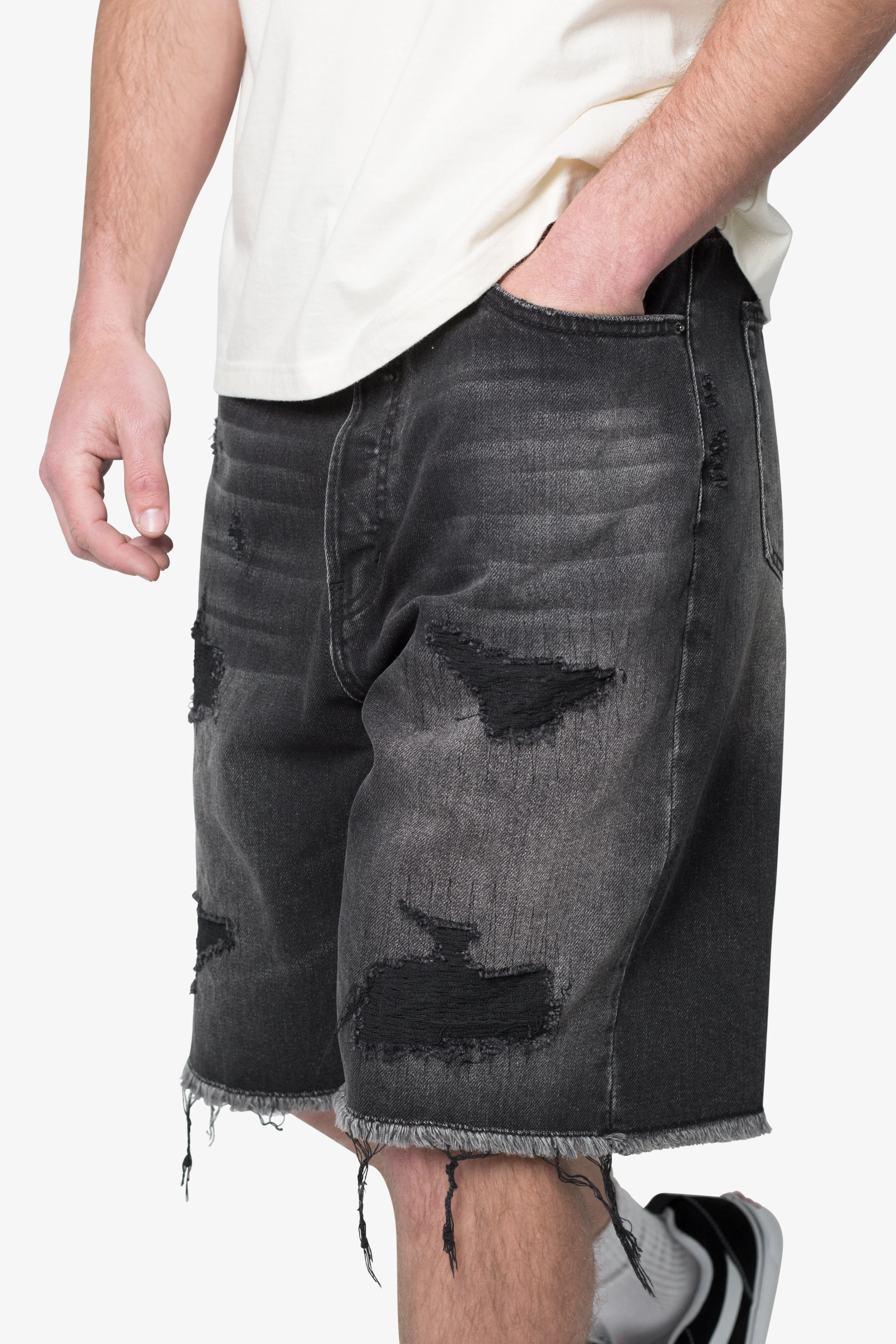 Baggy Rip Denim Shorts - Washed Black - Image 7