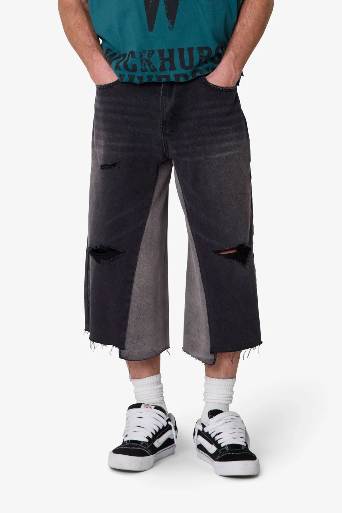 Paneled Denim Shorts - Washed Black - Image 6