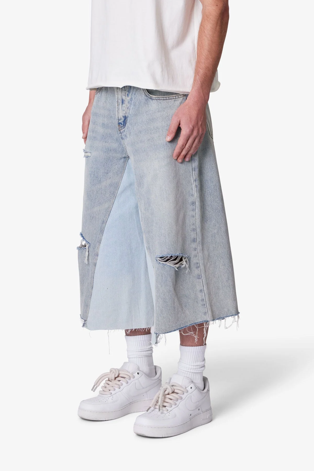 Paneled Denim Shorts - Washed Light Blue - Image 3