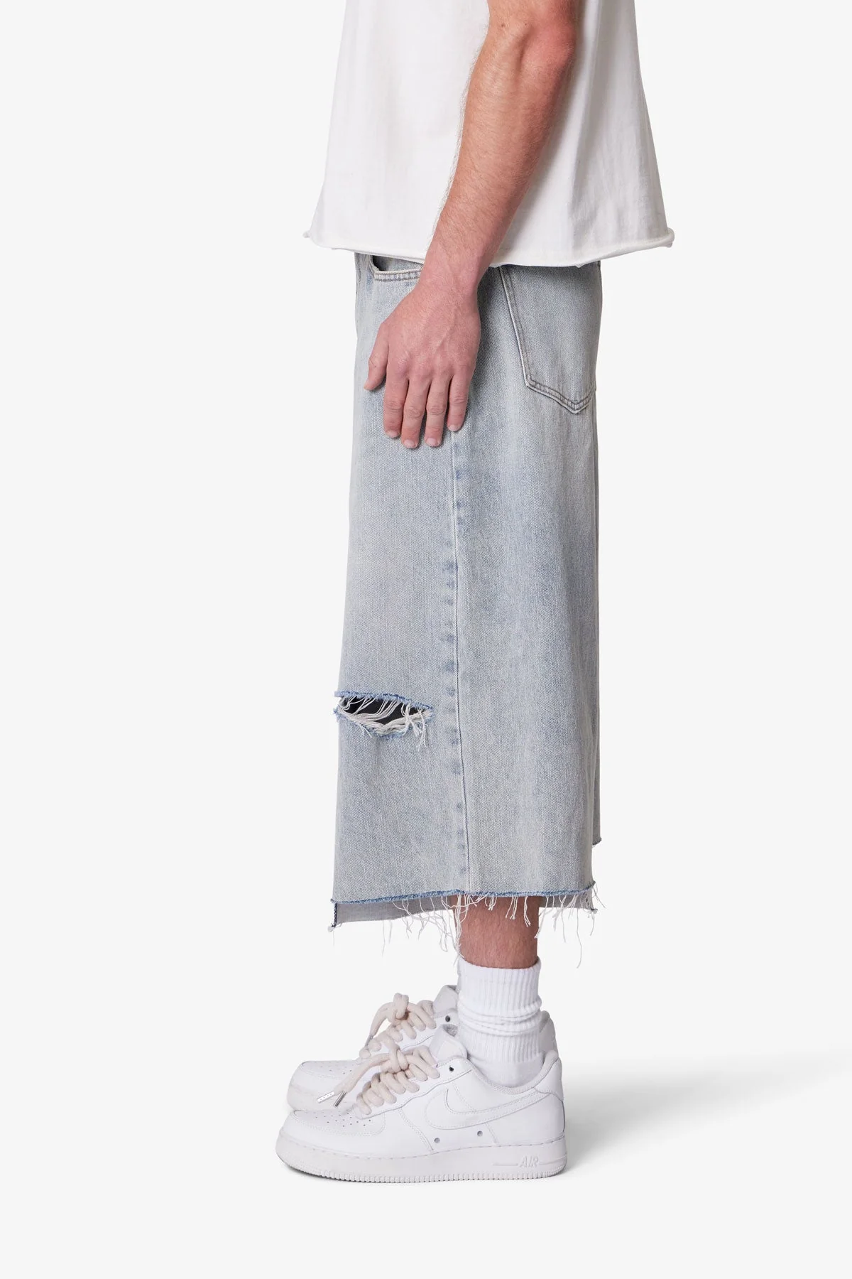 Paneled Denim Shorts - Washed Light Blue - Image 4