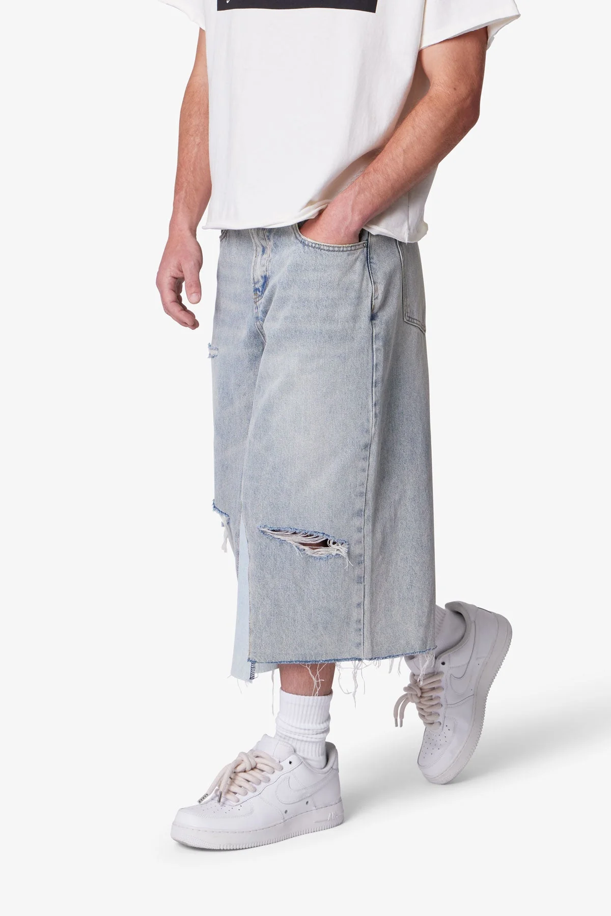 Paneled Denim Shorts - Washed Light Blue - Image 6
