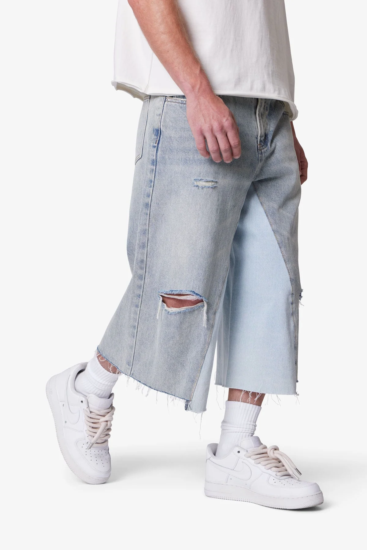Paneled Denim Shorts - Washed Light Blue - Image 7