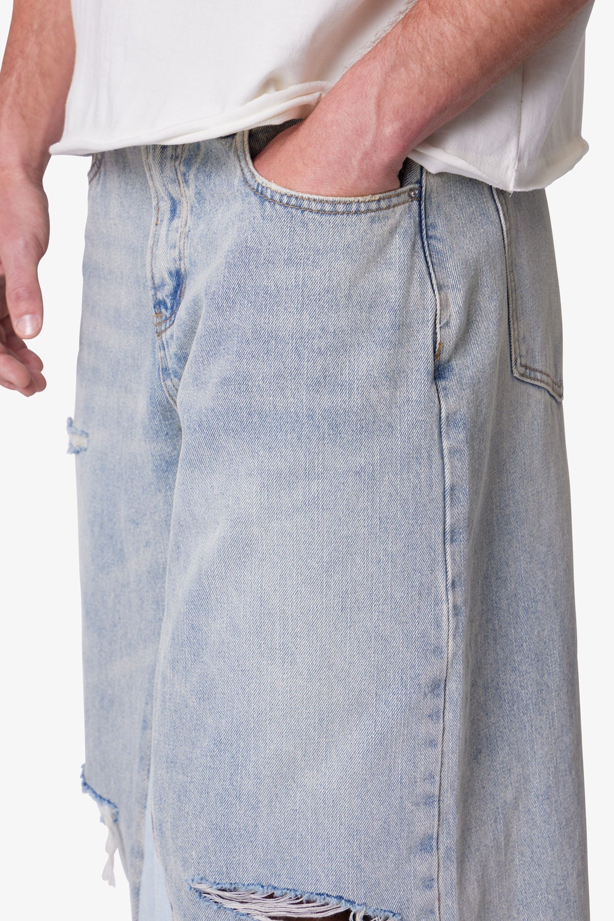 Paneled Denim Shorts - Washed Light Blue - Image 8