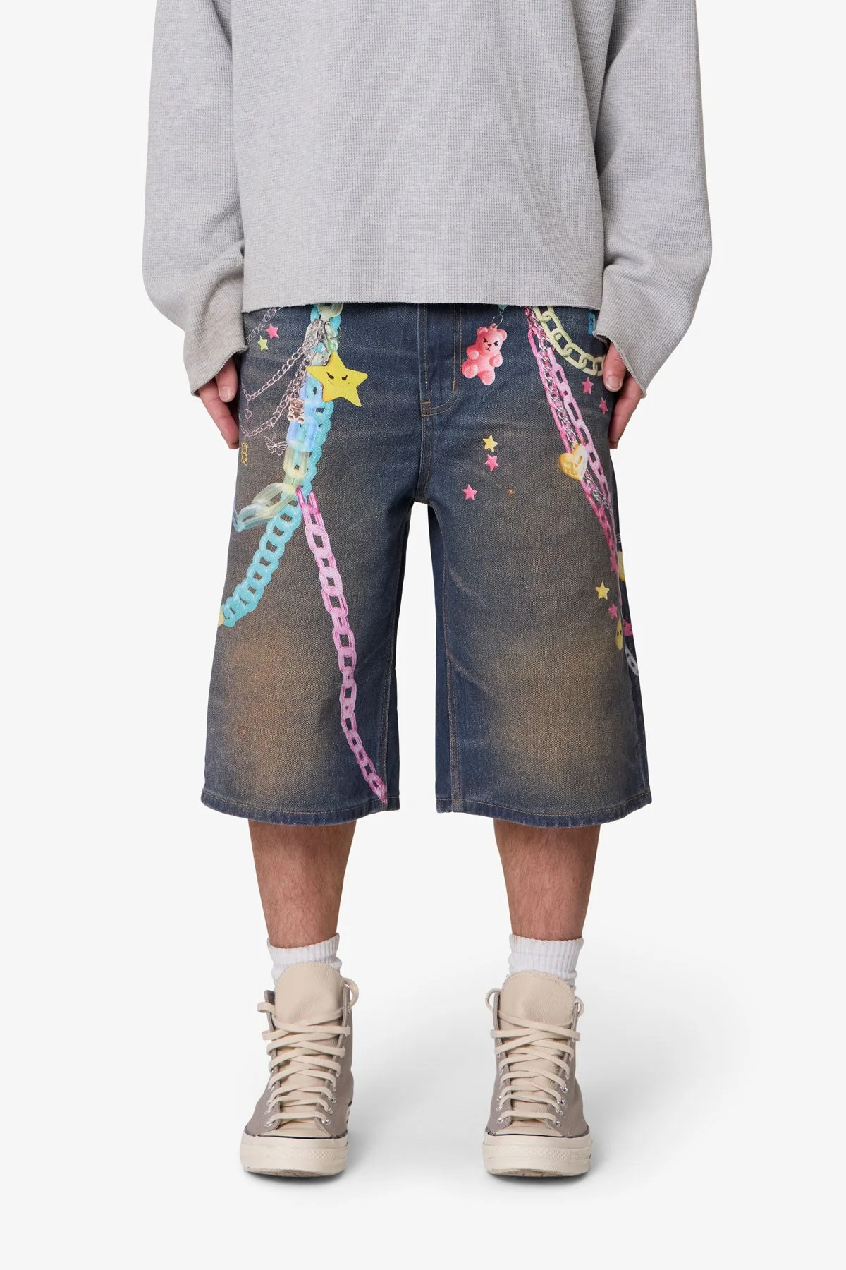 Ultra Baggy Chain Printed Denim Shorts - Blue - Image 2
