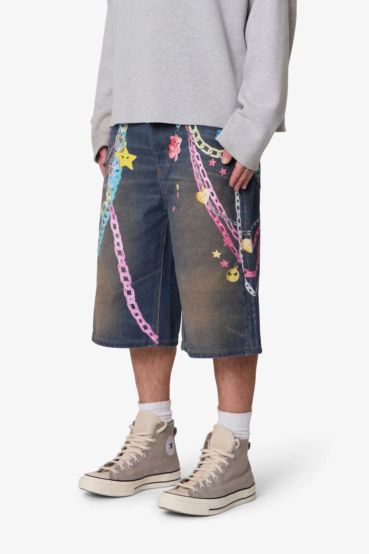 Ultra Baggy Chain Printed Denim Shorts - Blue - Image 3