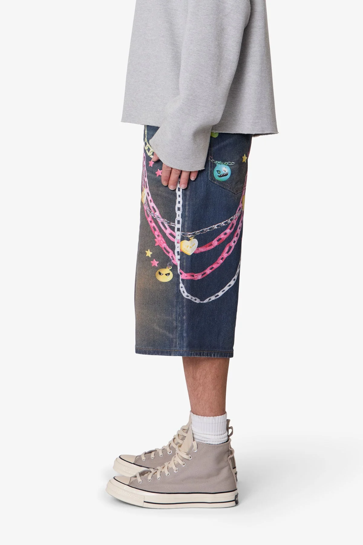 Ultra Baggy Chain Printed Denim Shorts - Blue - Image 4