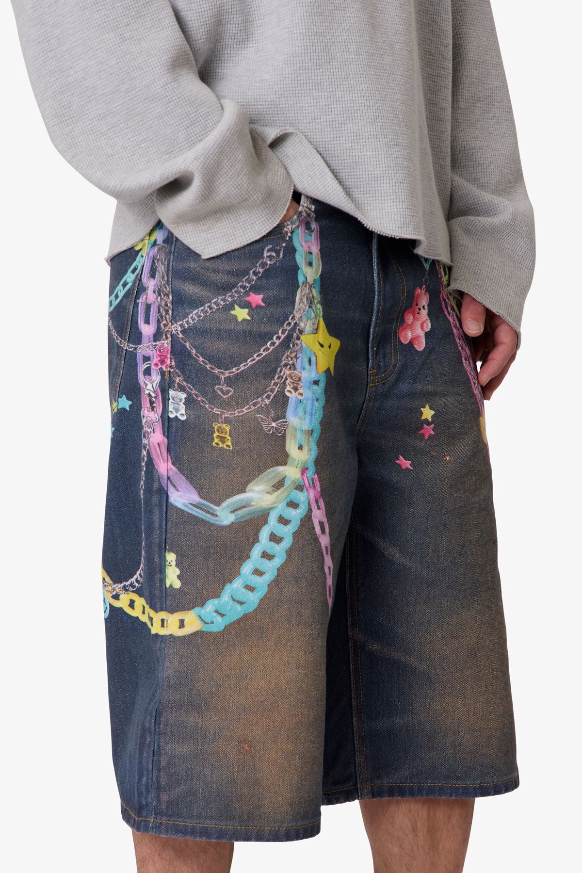 Ultra Baggy Chain Printed Denim Shorts - Blue - Image 7