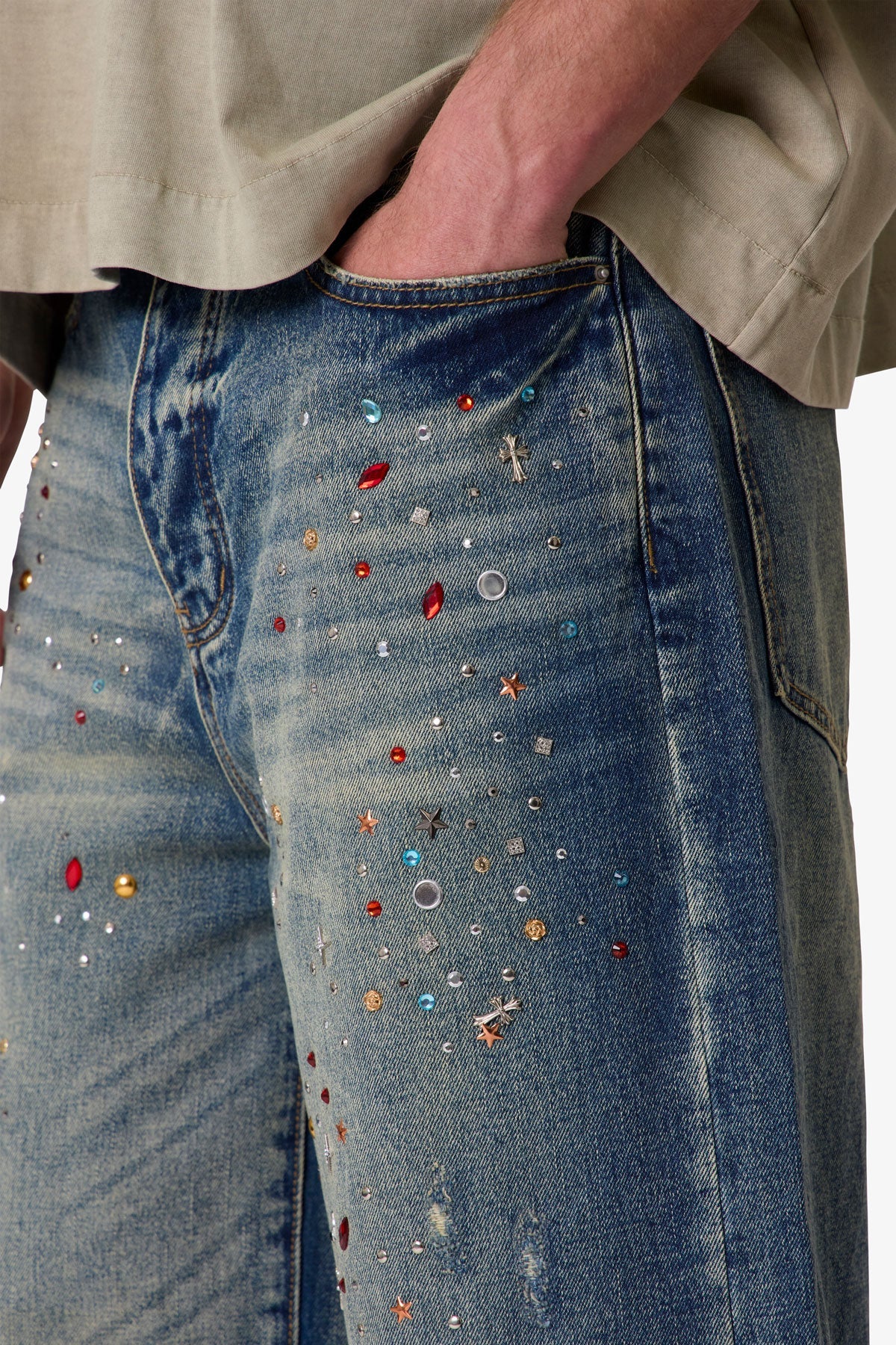 Ultra Baggy Crystal Denim Shorts - Blue - Image 7