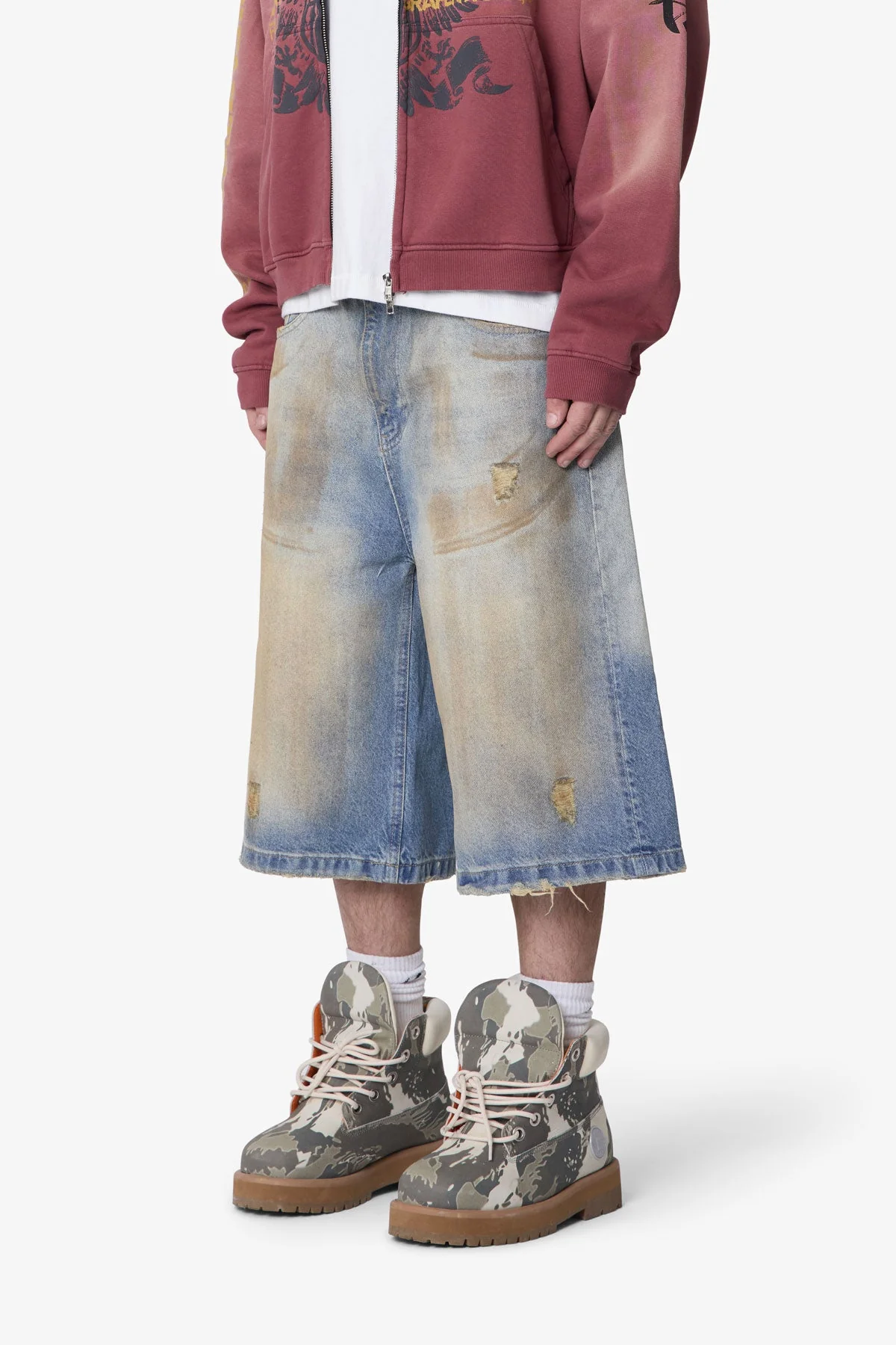 Ultra Baggy Dirty Denim Shorts - Washed Blue - Image 3