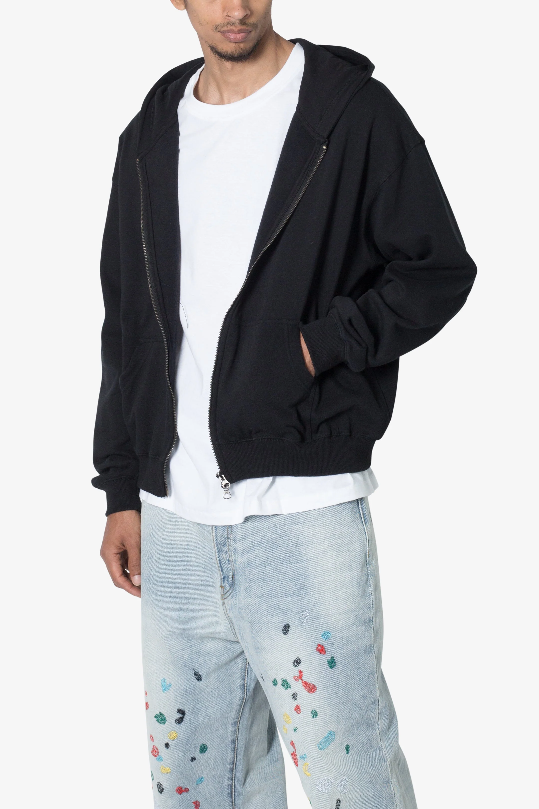 Basic Zip Up Hoodie - Black - Image 6