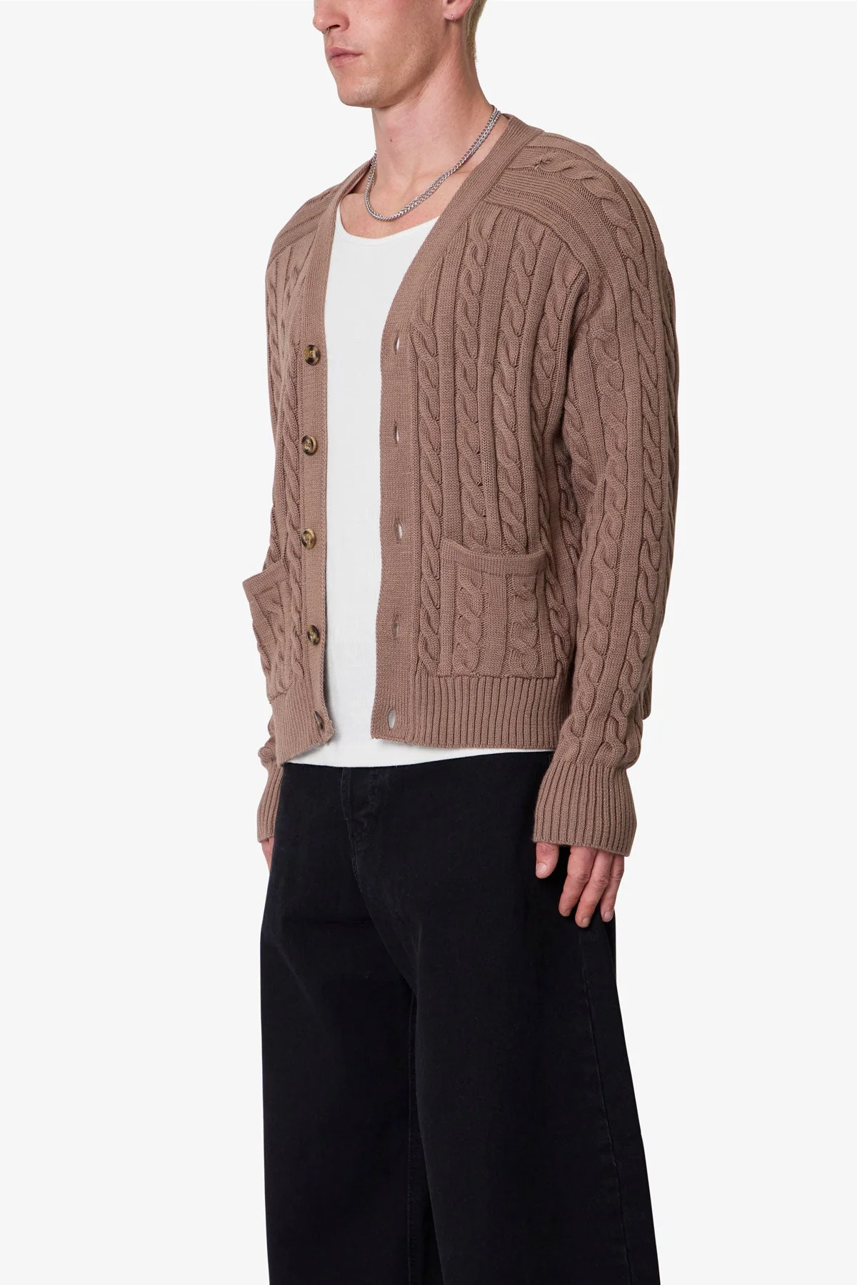 Cable Knit Cardigan Sweater - Tan - Image 3
