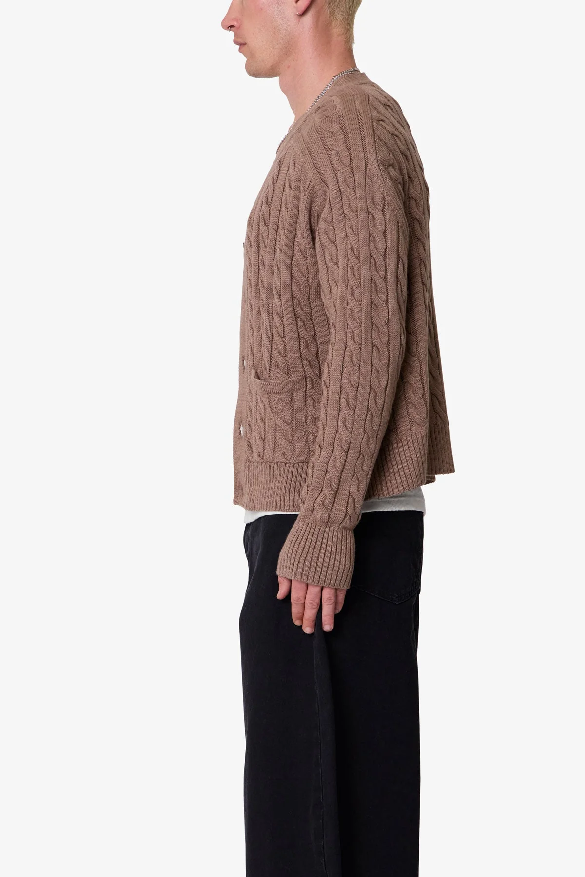 Cable Knit Cardigan Sweater - Tan - Image 4