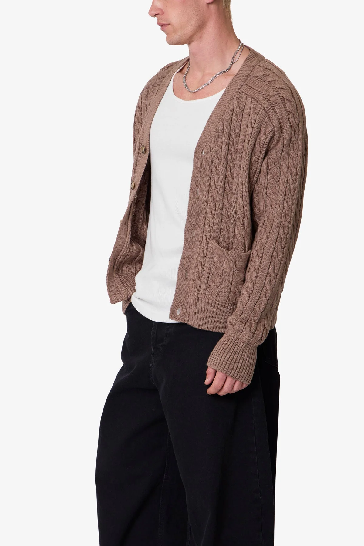 Cable Knit Cardigan Sweater - Tan - Image 6