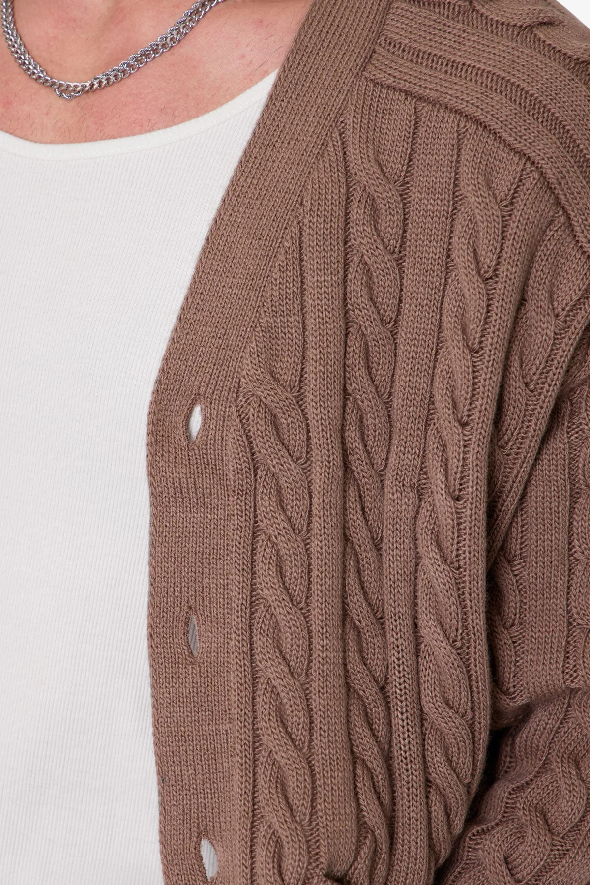 Cable Knit Cardigan Sweater - Tan - Image 8