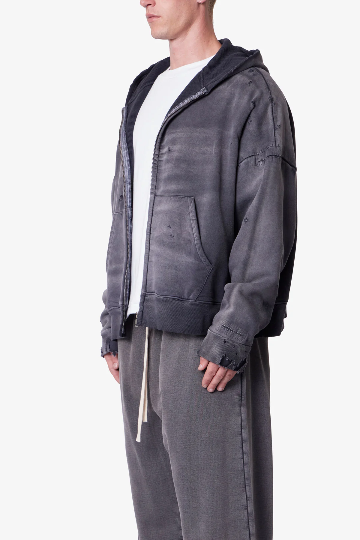 Distressed Thermal Lined Hoodie - Black - Image 3