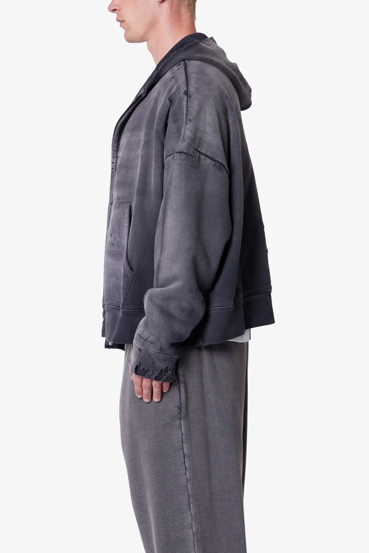Distressed Thermal Lined Hoodie - Black - Image 4
