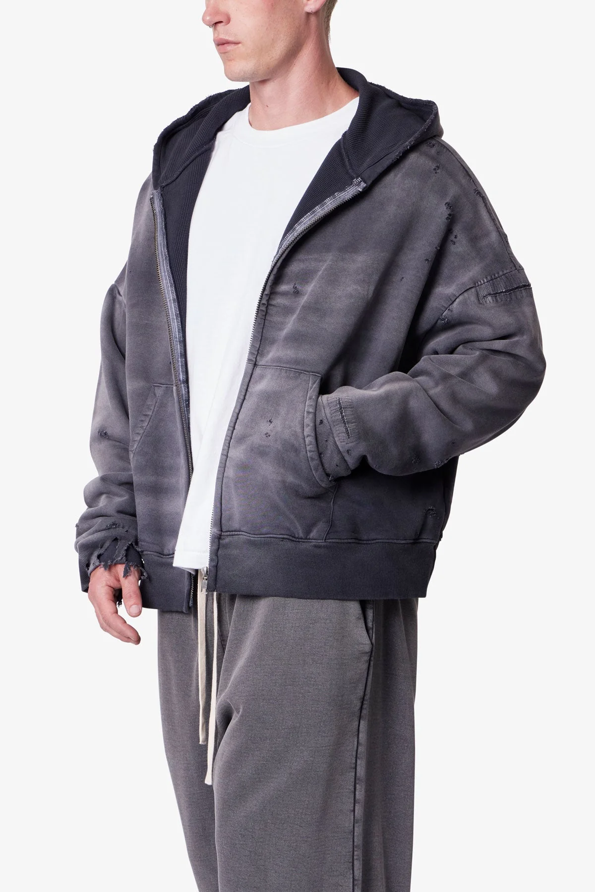 Distressed Thermal Lined Hoodie - Black - Image 6