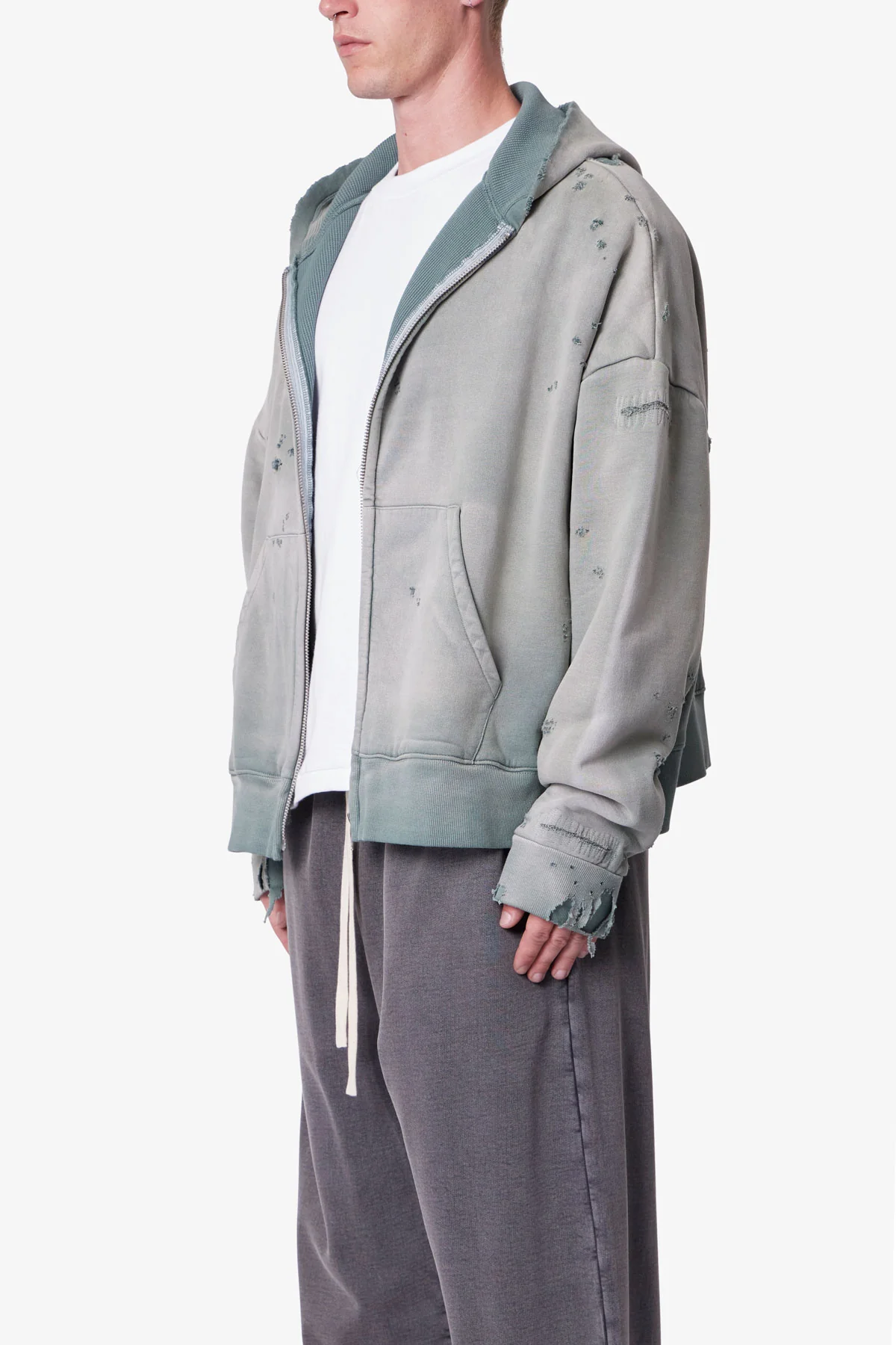 Distressed Thermal Lined Hoodie - Green - Image 3