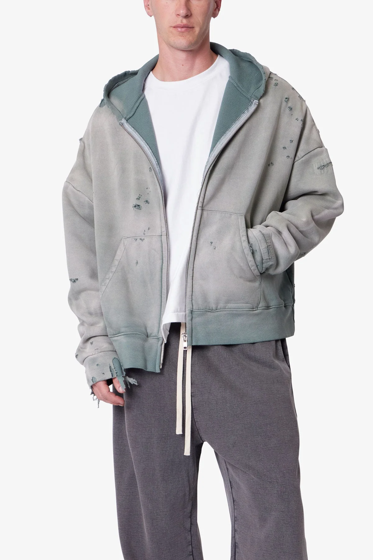 Distressed Thermal Lined Hoodie - Green - Image 6
