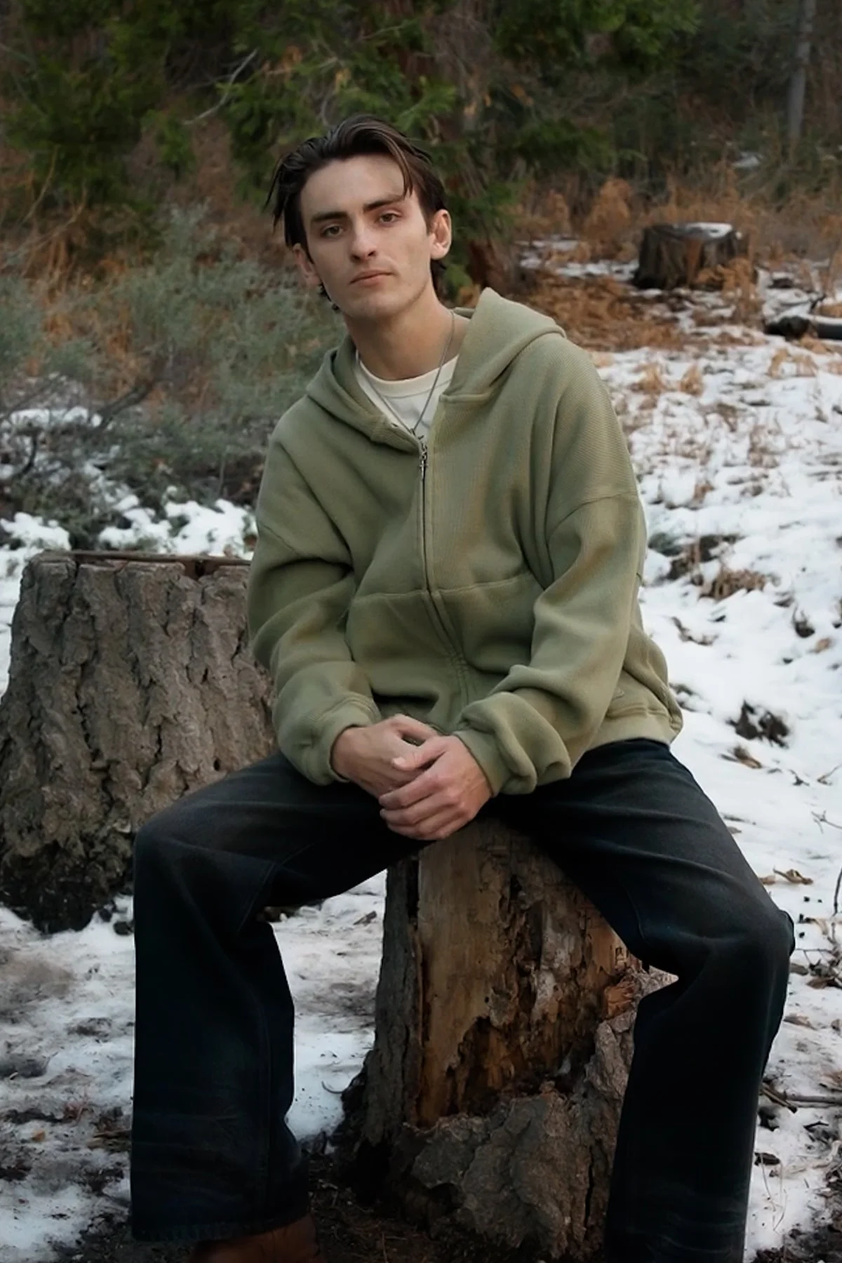 Double Layered Thermal Hoodie - Washed Olive - Image 3