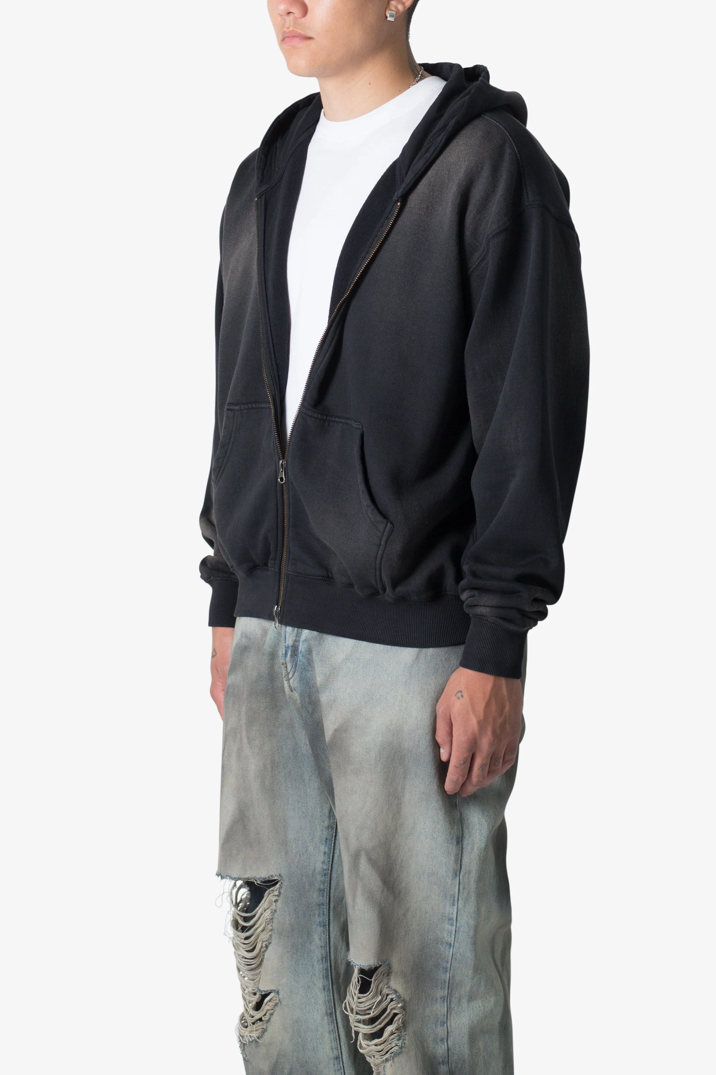 Faded Basic Zip Up Hoodie - Washed Black - Image 3